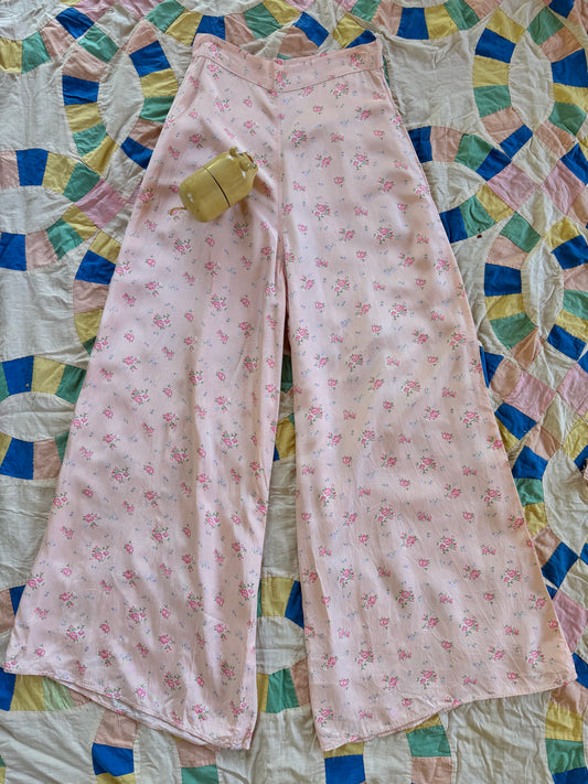 1930s Pink Floral Rayon Palazzo Pants w/ Bell Zipper- S