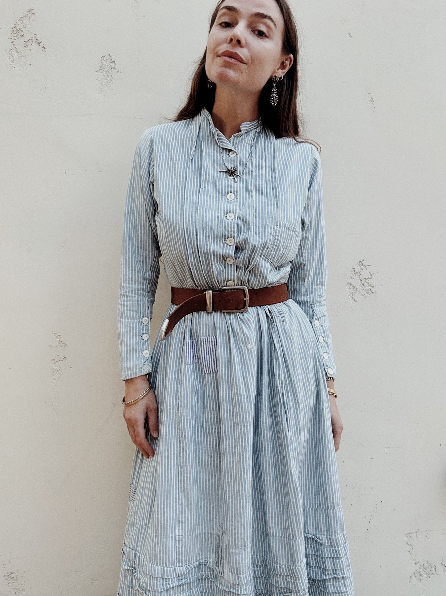 1800s Victorian Blue Striped Double Lined Wrapper Work Dress- S/M