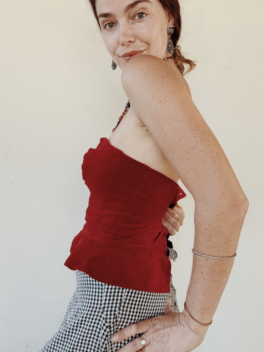 1950s Cabernet Red Velvet Bustier w/ Peplum- S