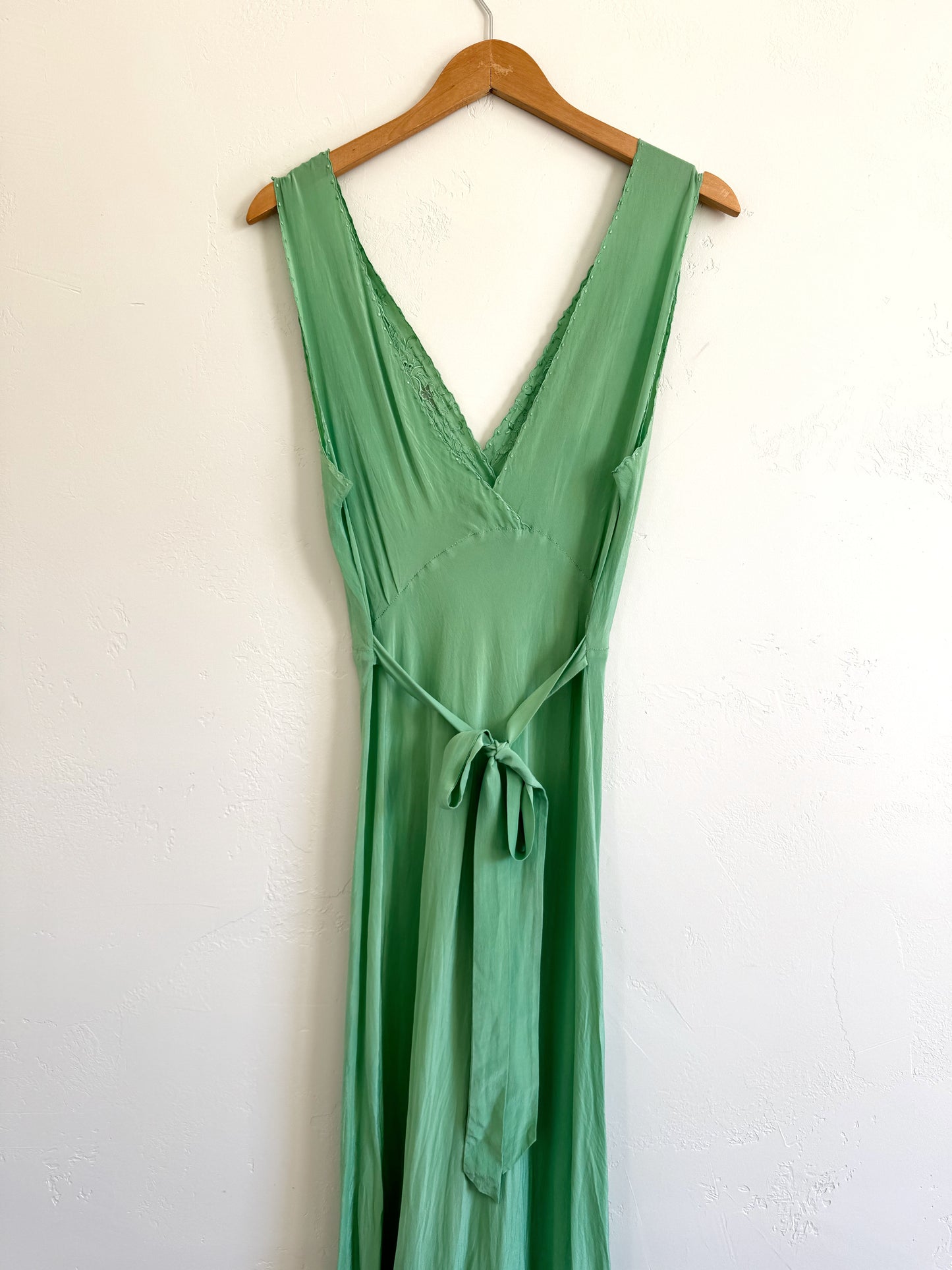 1940s Key Lime Silk Embroidered Slip Dress- M/L