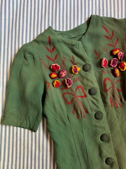 1940s Green Blouse w/ Hand Painted Bows + Felted Flowers- S