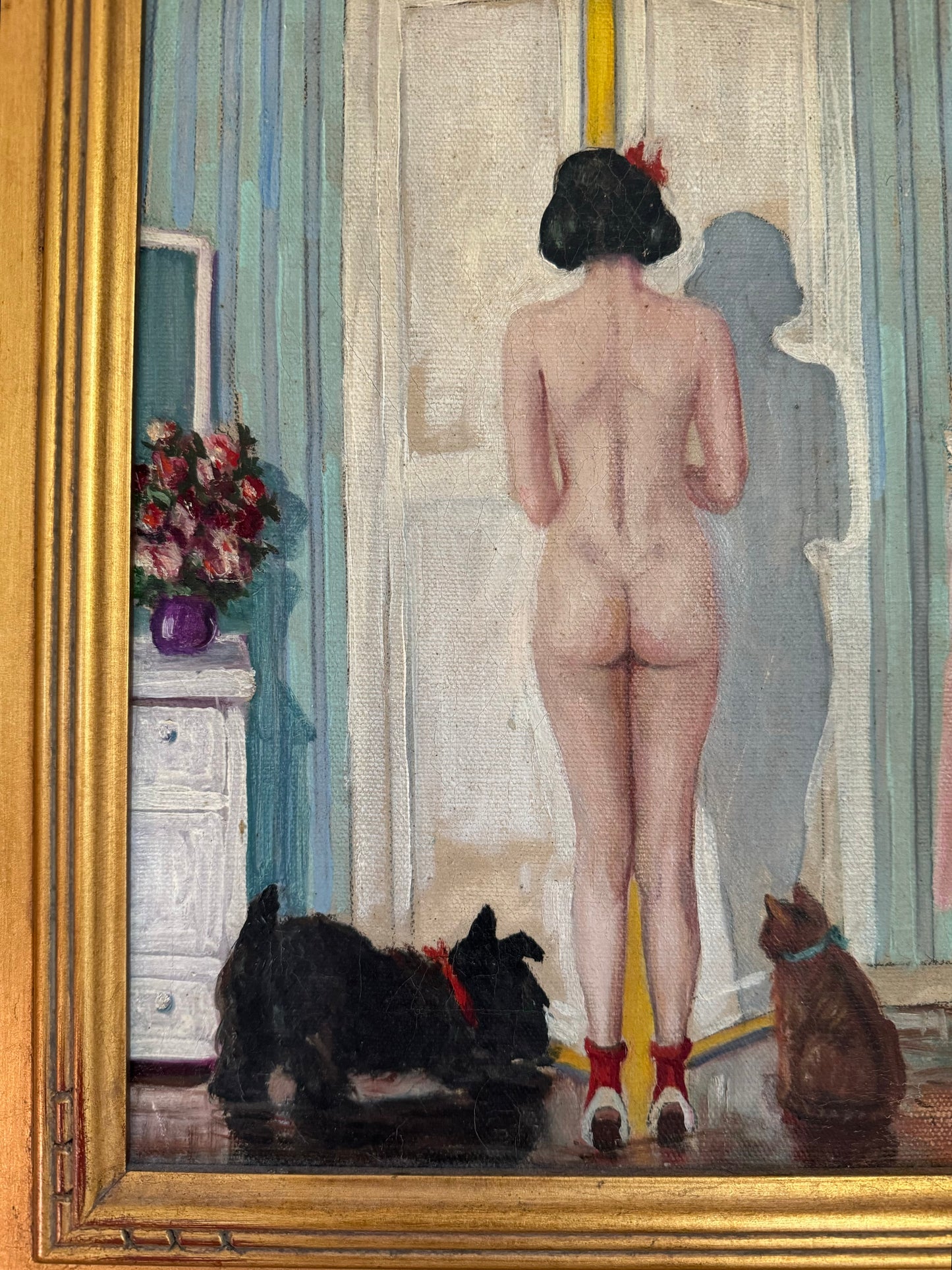 1920s Cheeky Nude w/ Scottie Dog + Kitten Oil Painting- 16 x 19”