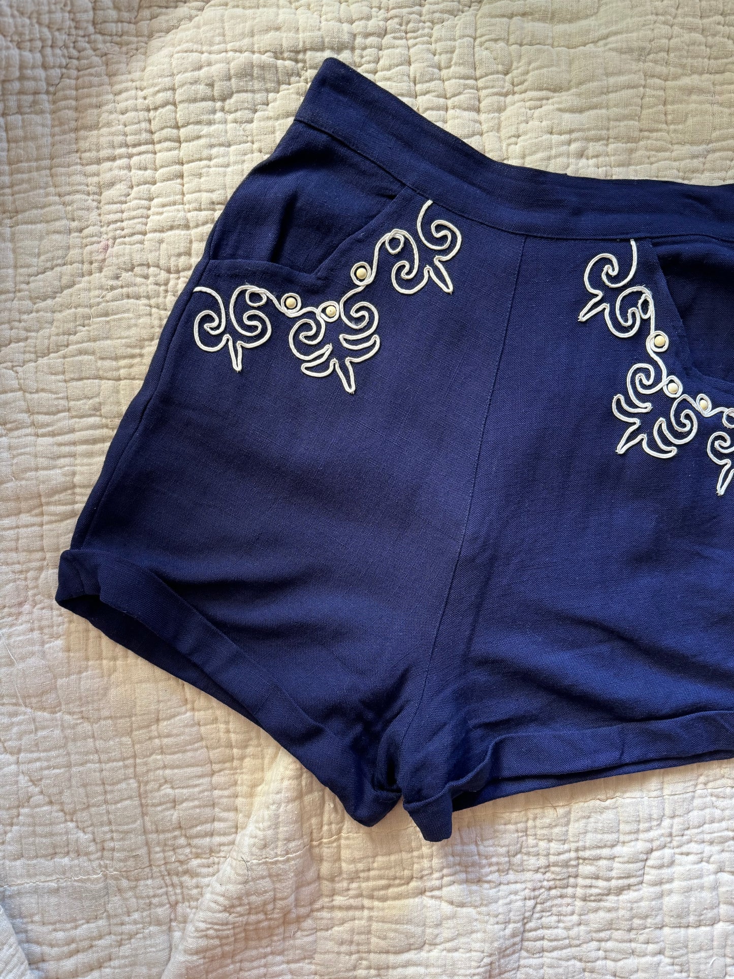 1940s/50s Navy Rayon Soutache + Stud High Waist Shorts- XS/S