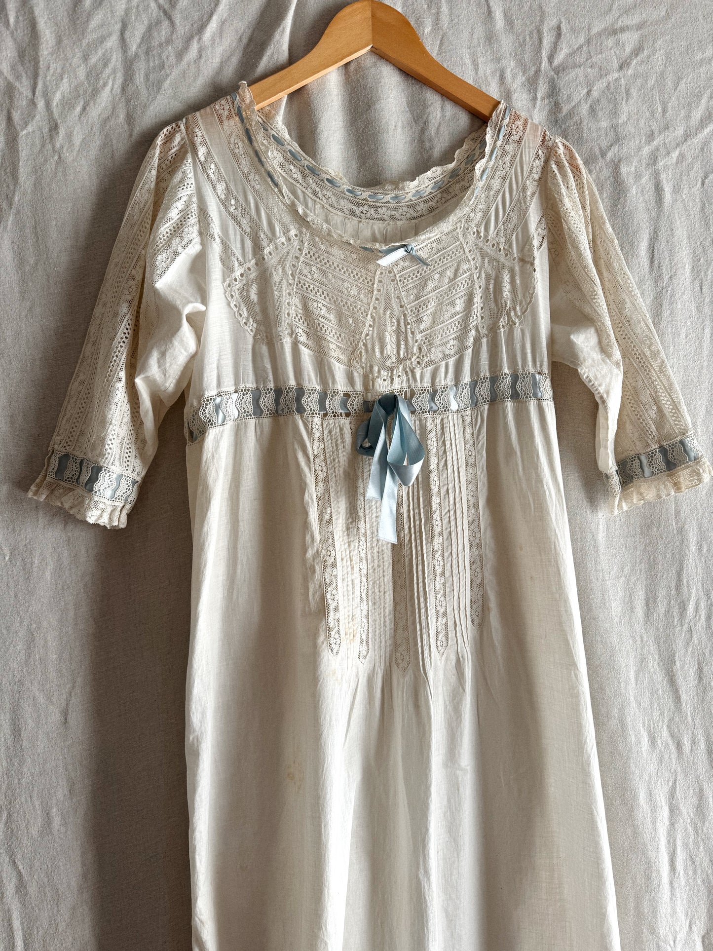 Antique Nightgown w/ Lace Inserts + Pintucking- M