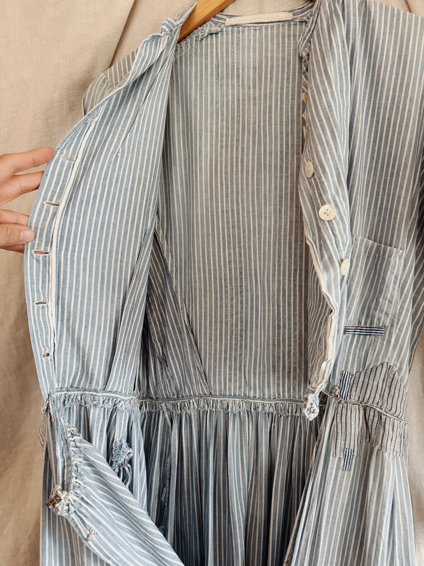 1800s Victorian Blue Striped Double Lined Wrapper Work Dress- S/M