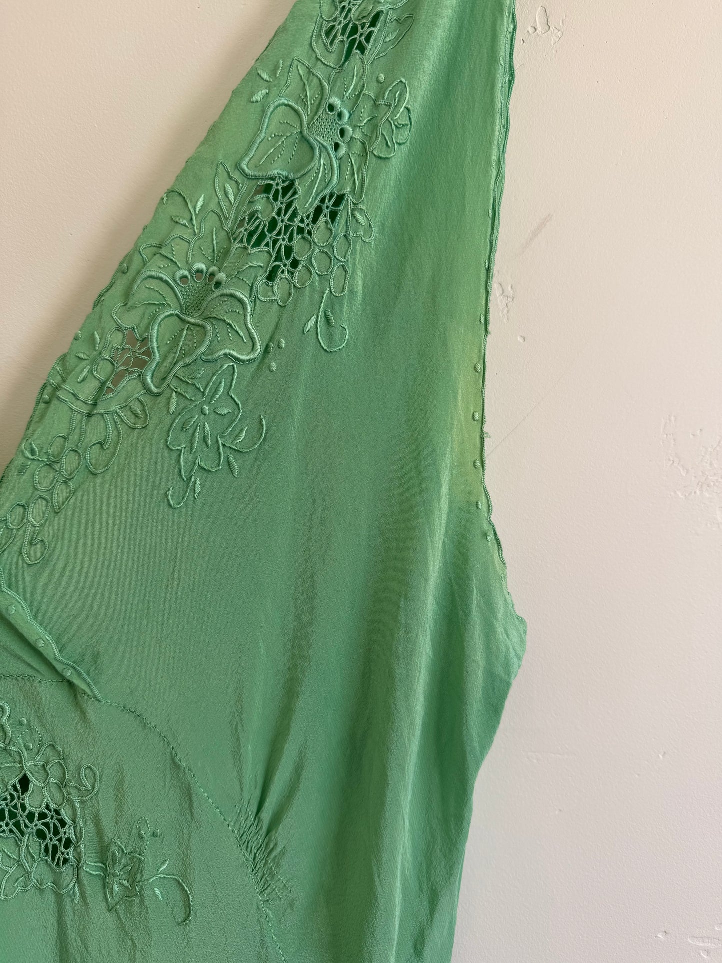 1940s Key Lime Silk Embroidered Slip Dress- M/L