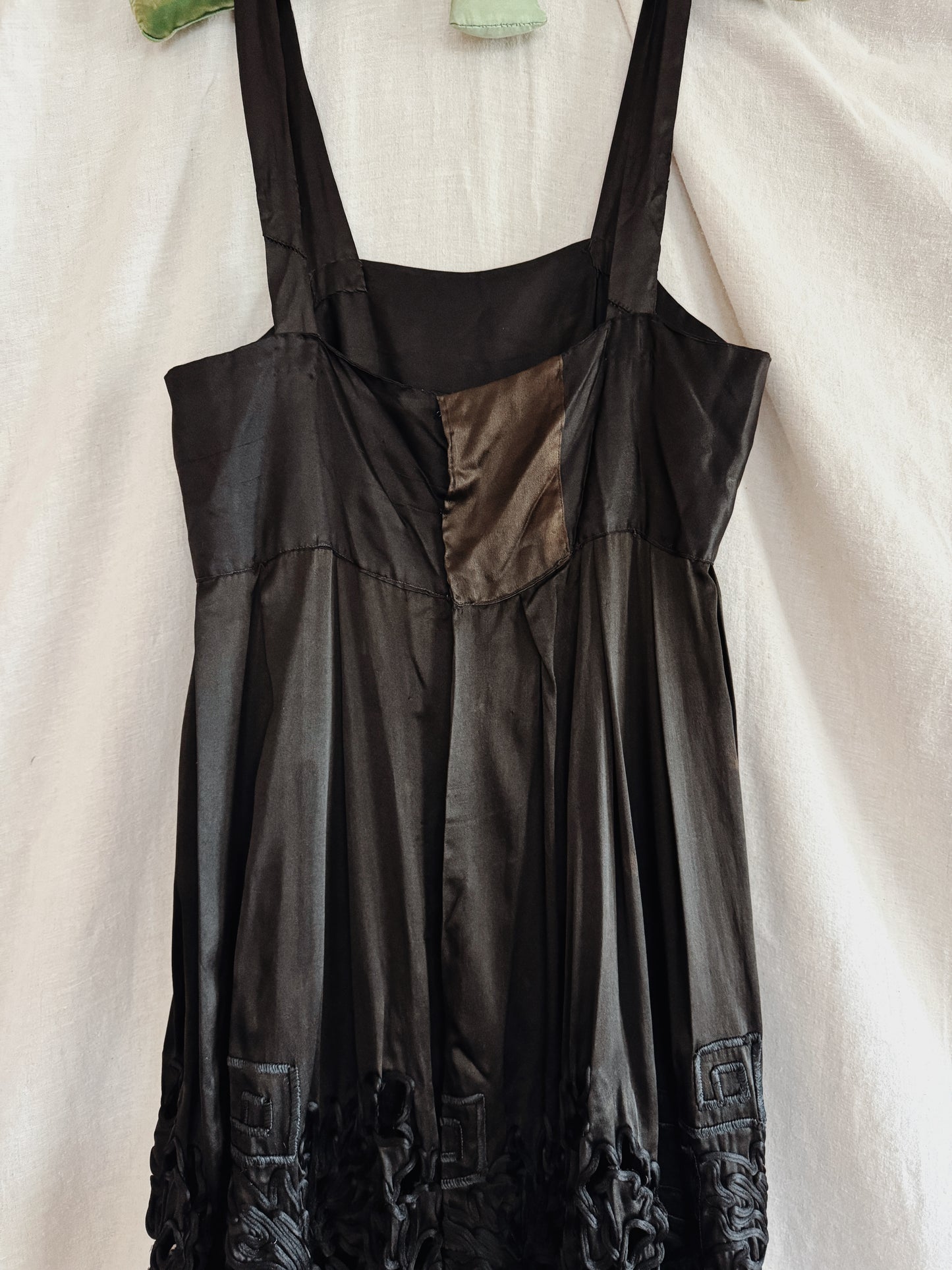 1920s Black Charmeuse Silk Cutout Babydoll Dress- S/M