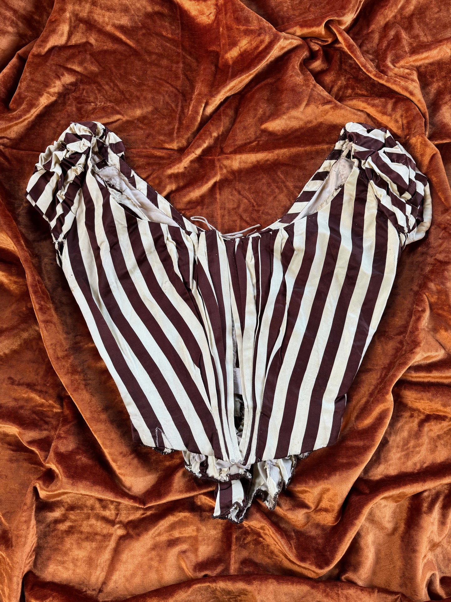 1880s Mustard + Brown Striped Silk Corset Bodice- XS