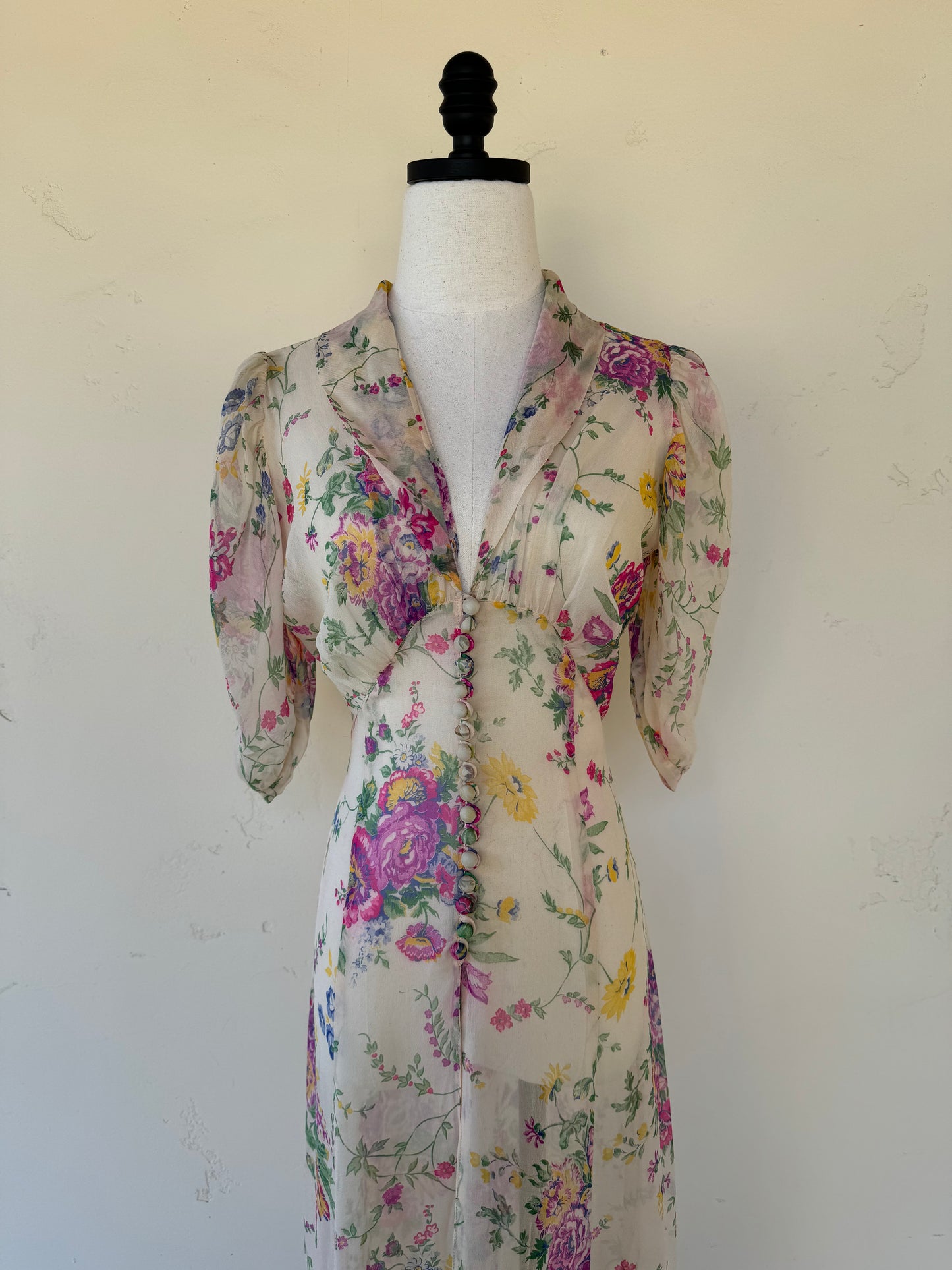 1930s Silk Chiffon Floral Dress w/ Puffed Shoulders- S