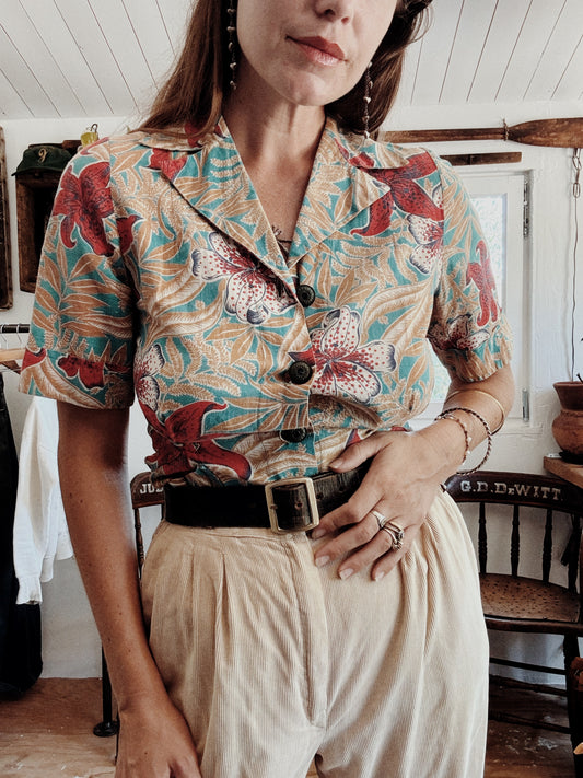 1940s Hawaiian Floral Cotton Blouse- S