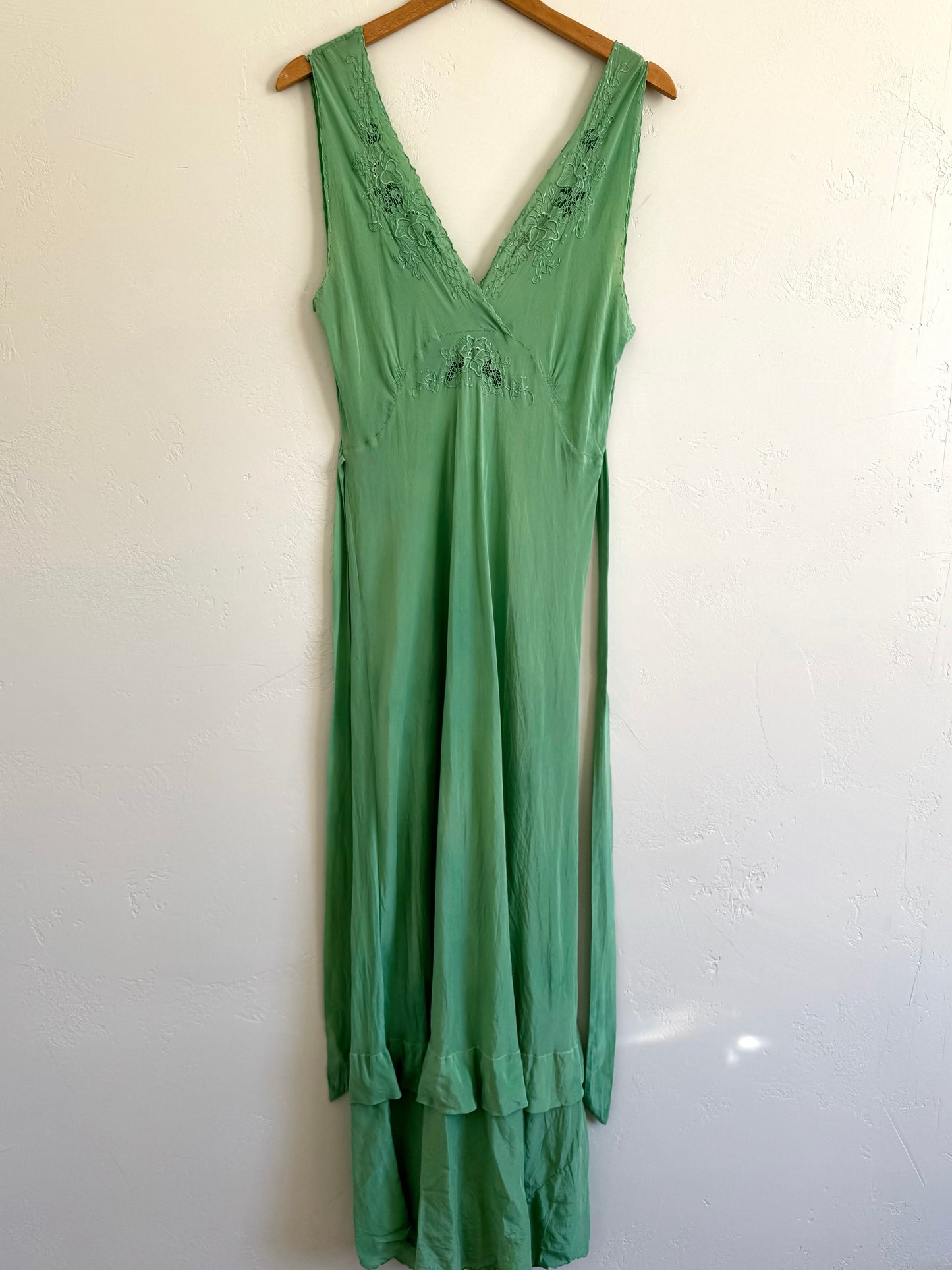 1940s Key Lime Silk Embroidered Slip Dress- M/L