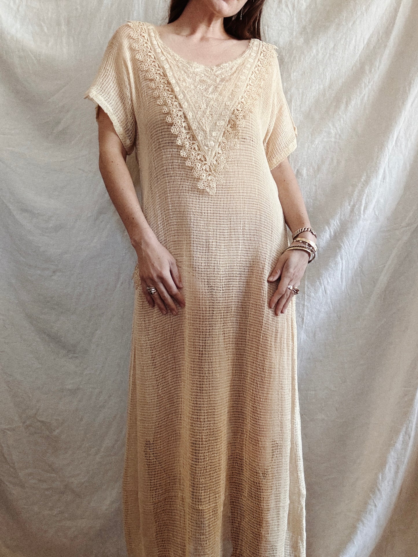 1920s Creme Fishnet Kaftan Dress w/ Lace