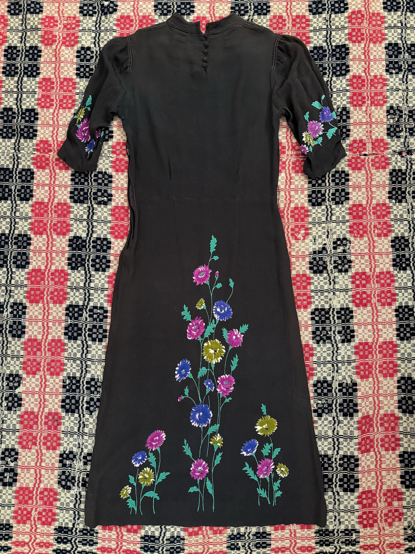 1930s Brown Watercolor Floral Print Slinky Rayon Crepe Dress- S
