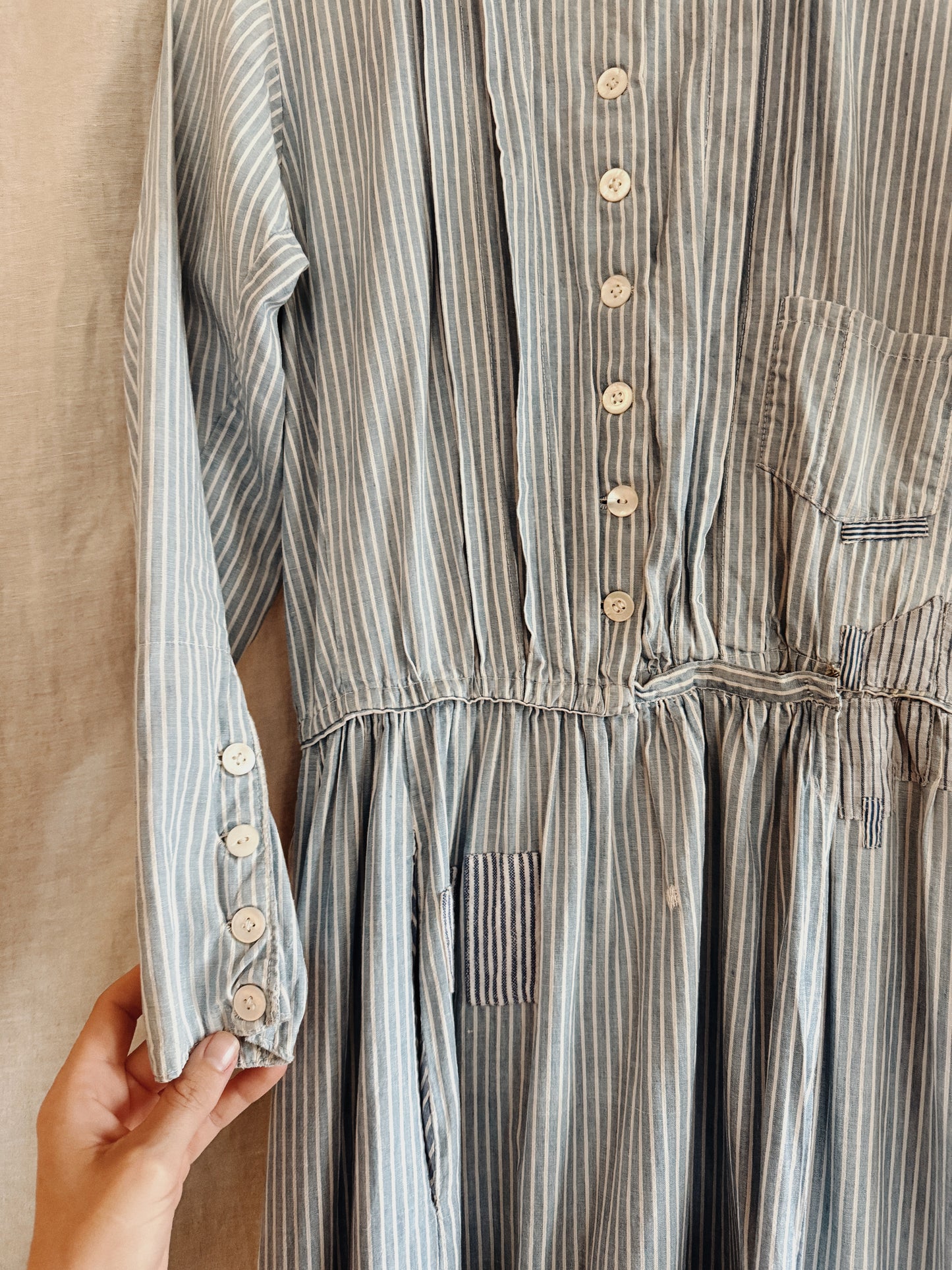 1800s Victorian Blue Striped Double Lined Wrapper Work Dress- S/M