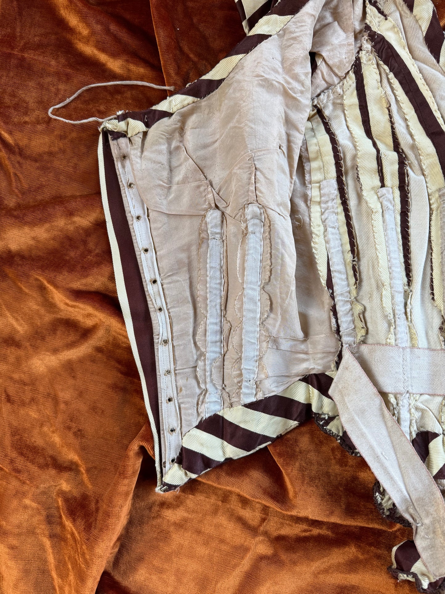 1880s Mustard + Brown Striped Silk Corset Bodice- XS