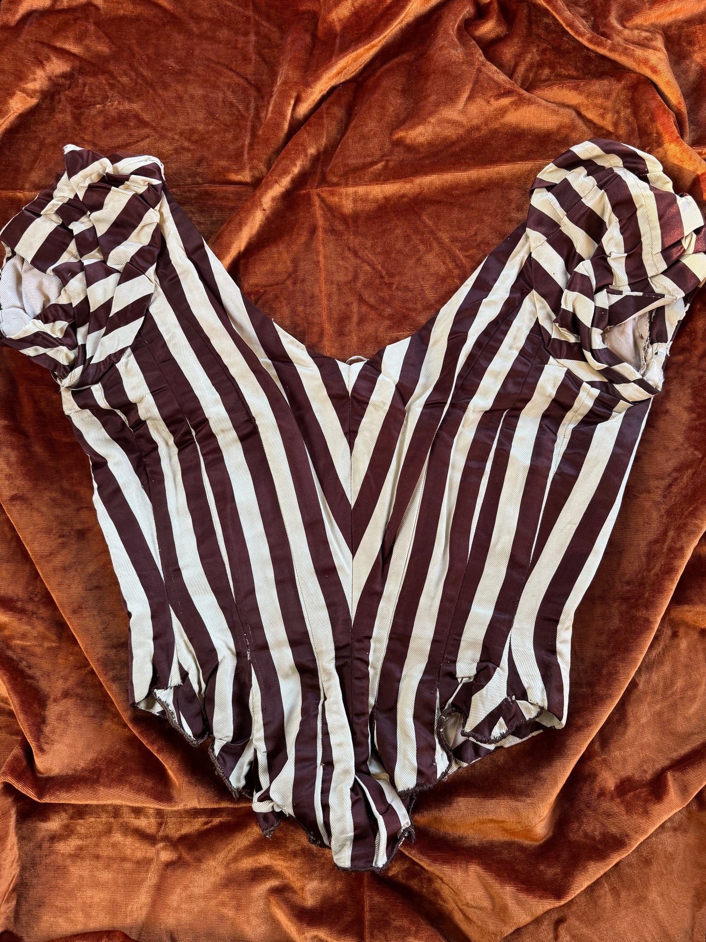 1880s Mustard + Brown Striped Silk Corset Bodice- XS