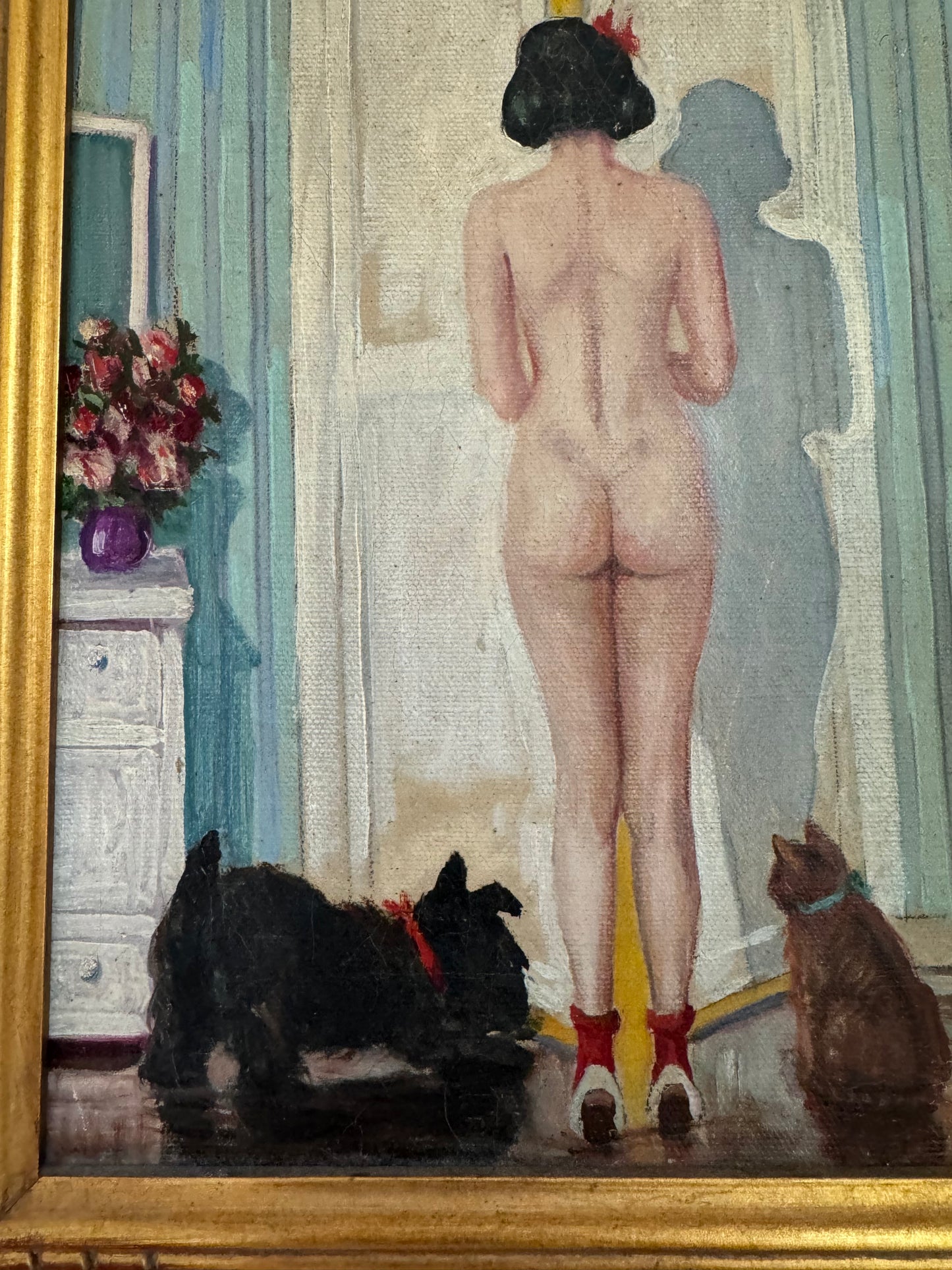 1920s Cheeky Nude w/ Scottie Dog + Kitten Oil Painting- 16 x 19”