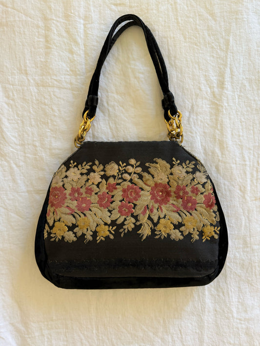 1940s Black Burnout Floral Velvet Bienen Davis Chain Handbag