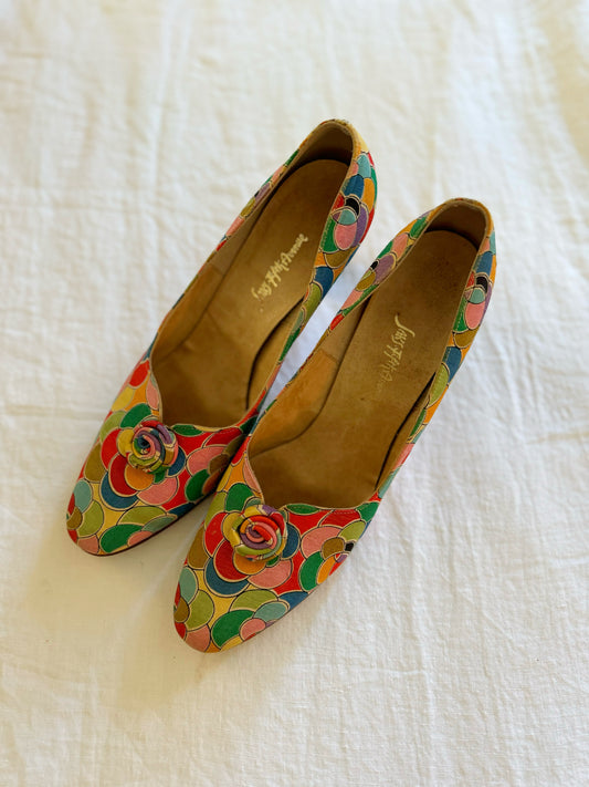 1950s/60s Saks Fifth Avenue Rainbow Pop Art Silk Heels- 7.5