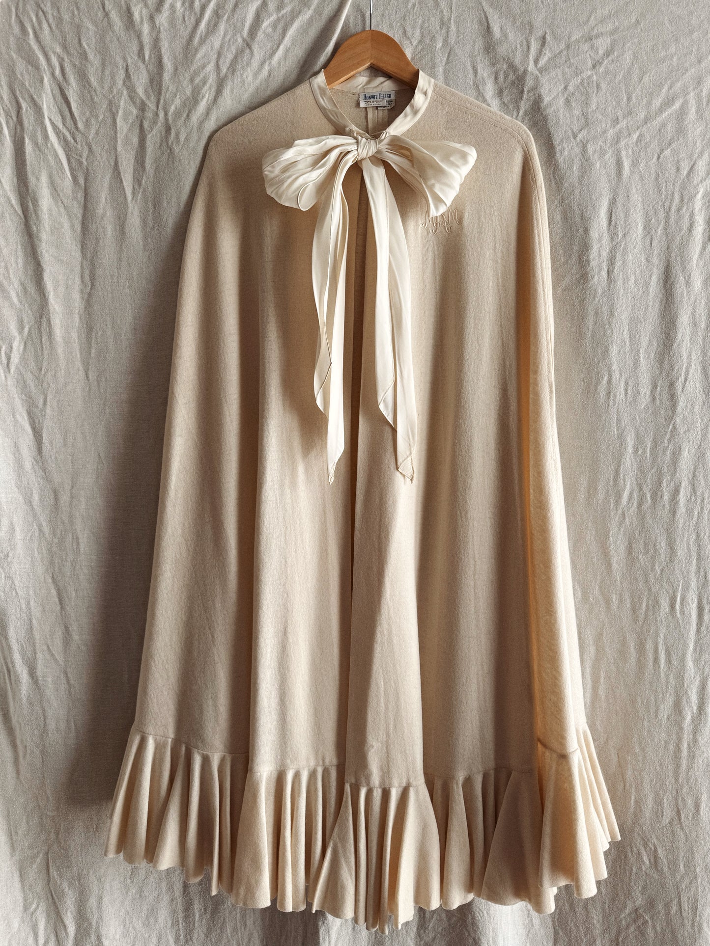 1950s White Monogrammed Ruffled Cape- S-M