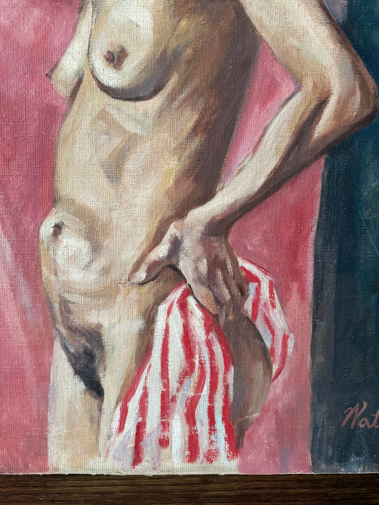1940s Nude Painting of a Woman w/ Striped Towel Signed Waterman- 18x22”