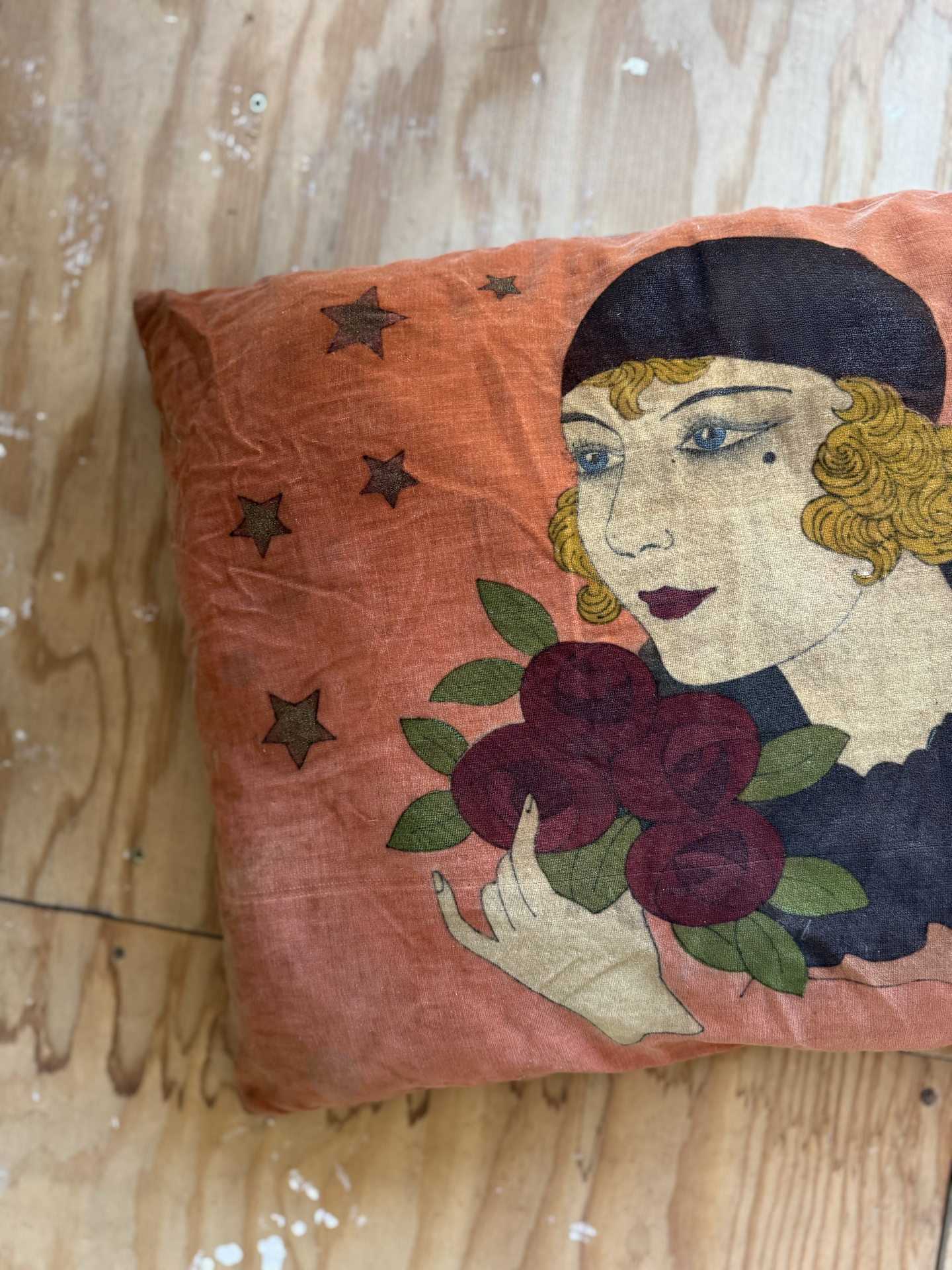 1920s Orange Hand Painted Velveteen Pillow- 15 x 22”