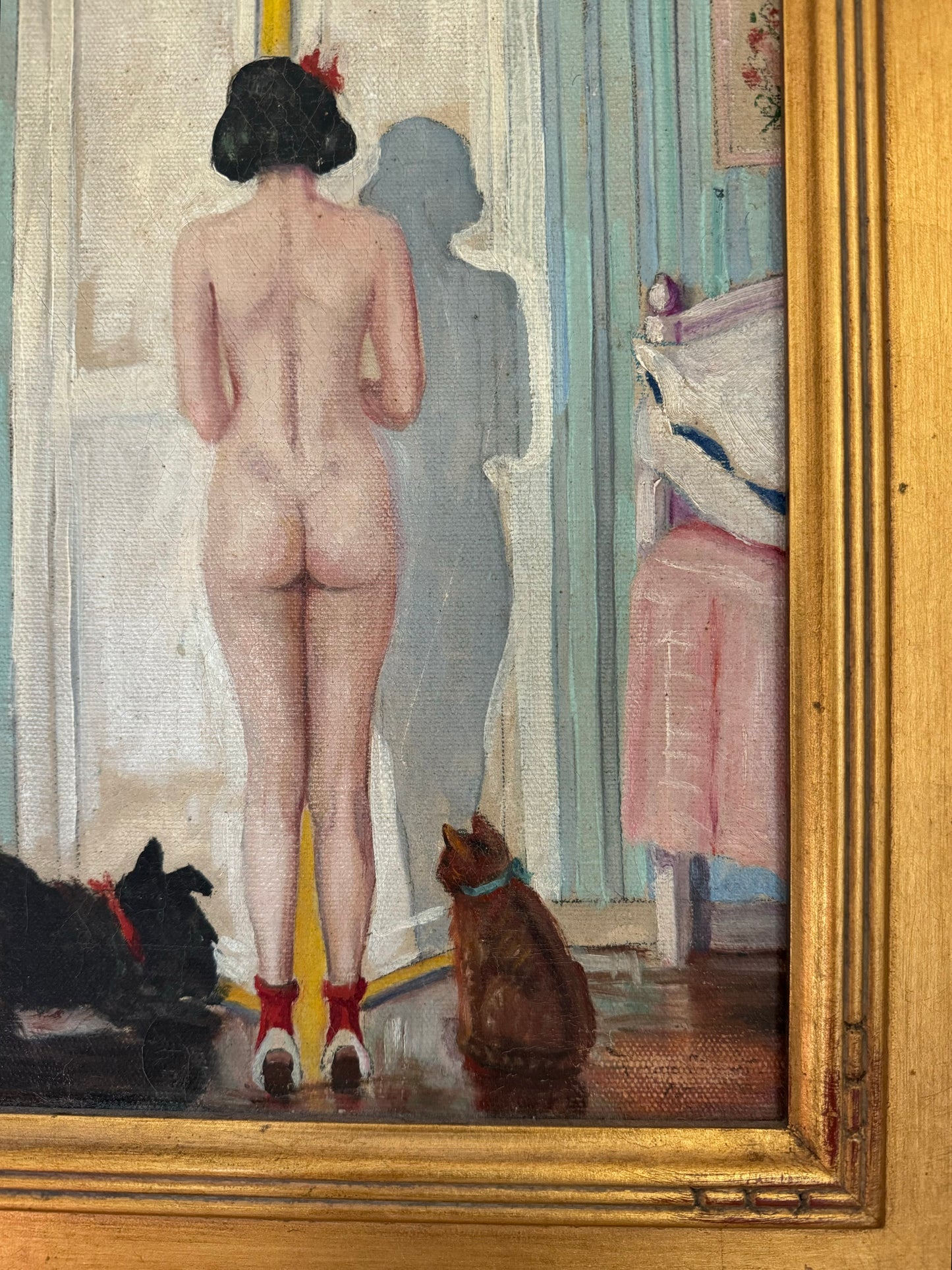 1920s Cheeky Nude w/ Scottie Dog + Kitten Oil Painting- 16 x 19”