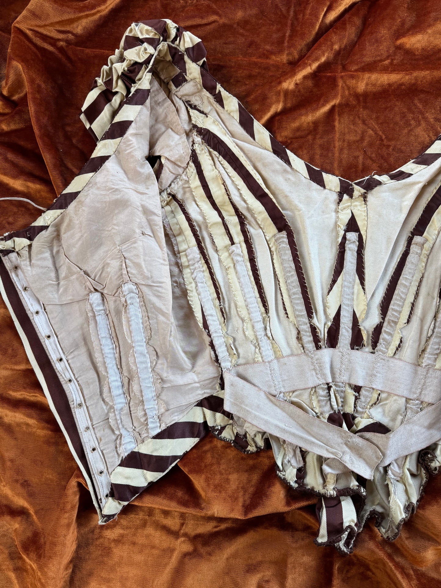 1880s Mustard + Brown Striped Silk Corset Bodice- XS