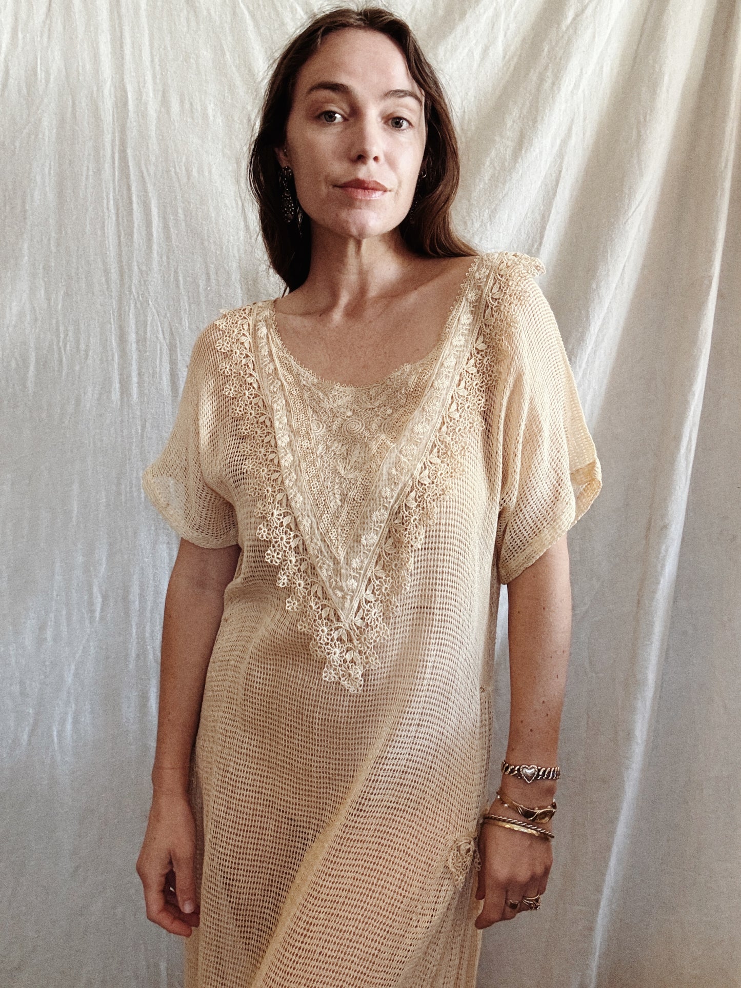 1920s Creme Fishnet Kaftan Dress w/ Lace