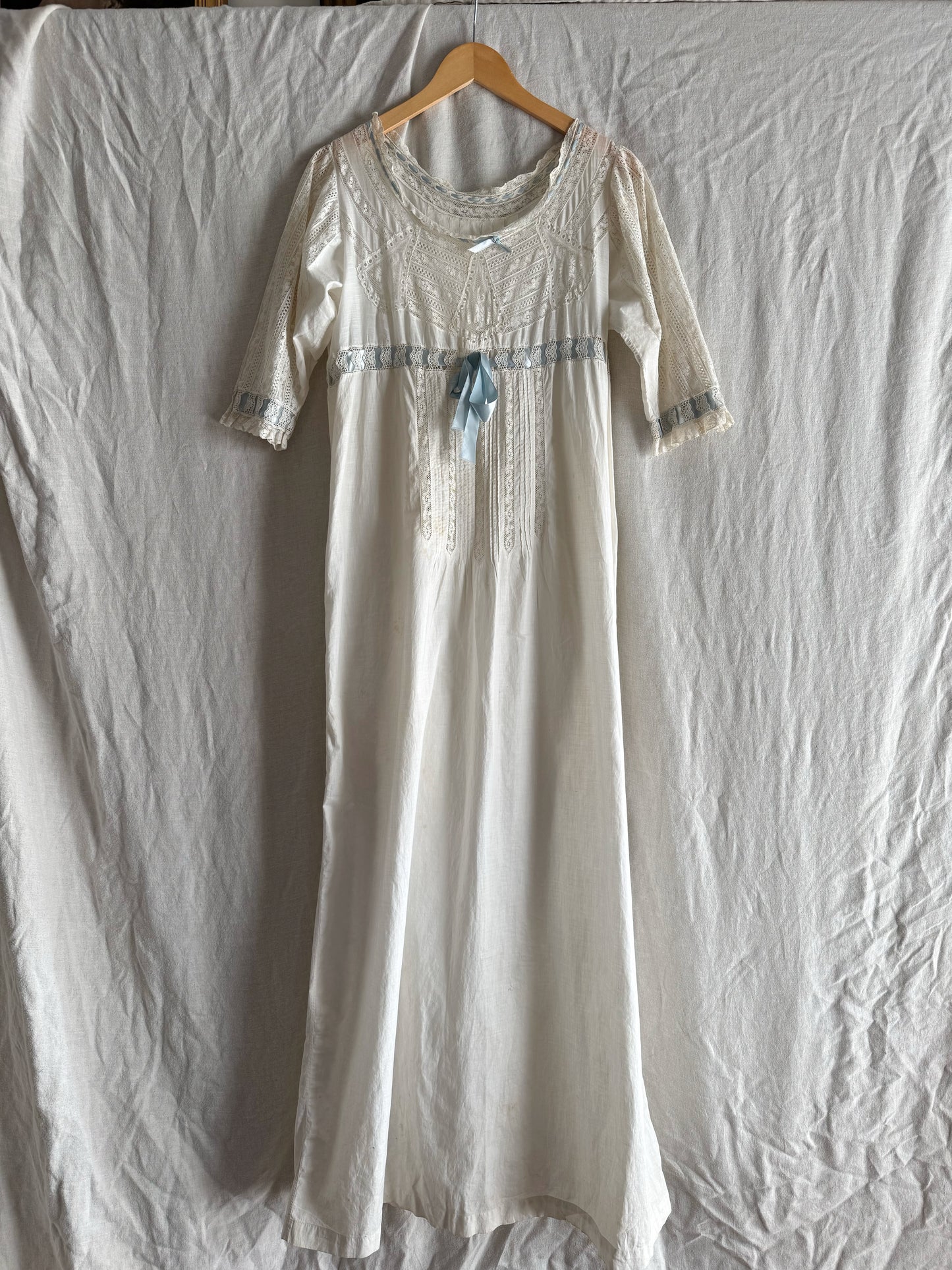 Antique Nightgown w/ Lace Inserts + Pintucking- M