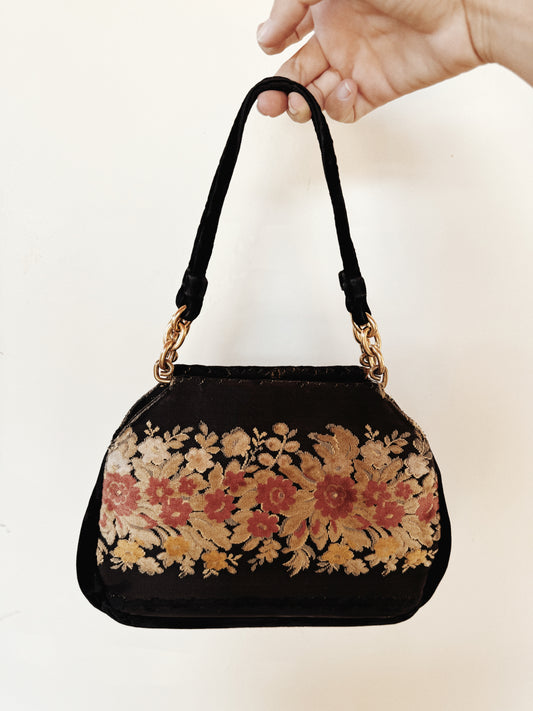 1940s Black Burnout Floral Velvet Bienen Davis Chain Handbag