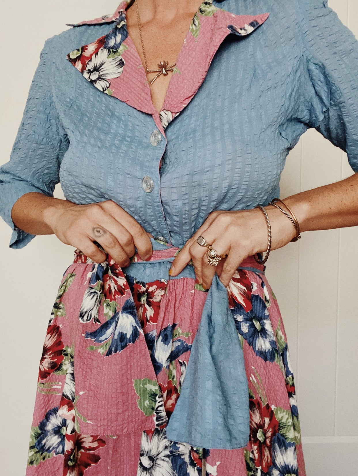 1930s/40s Blue + Pink Floral Seersucker Hostess Dress- M