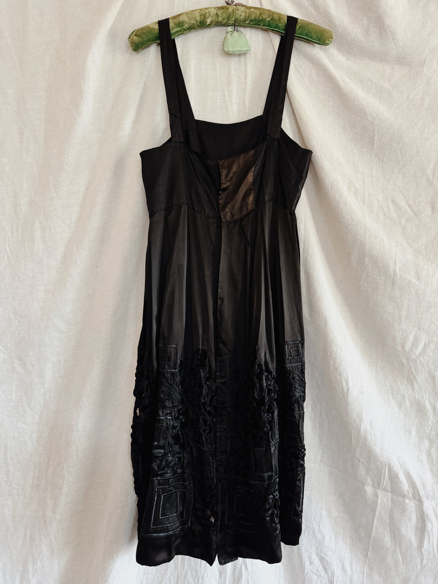 1920s Black Charmeuse Silk Cutout Babydoll Dress- S/M