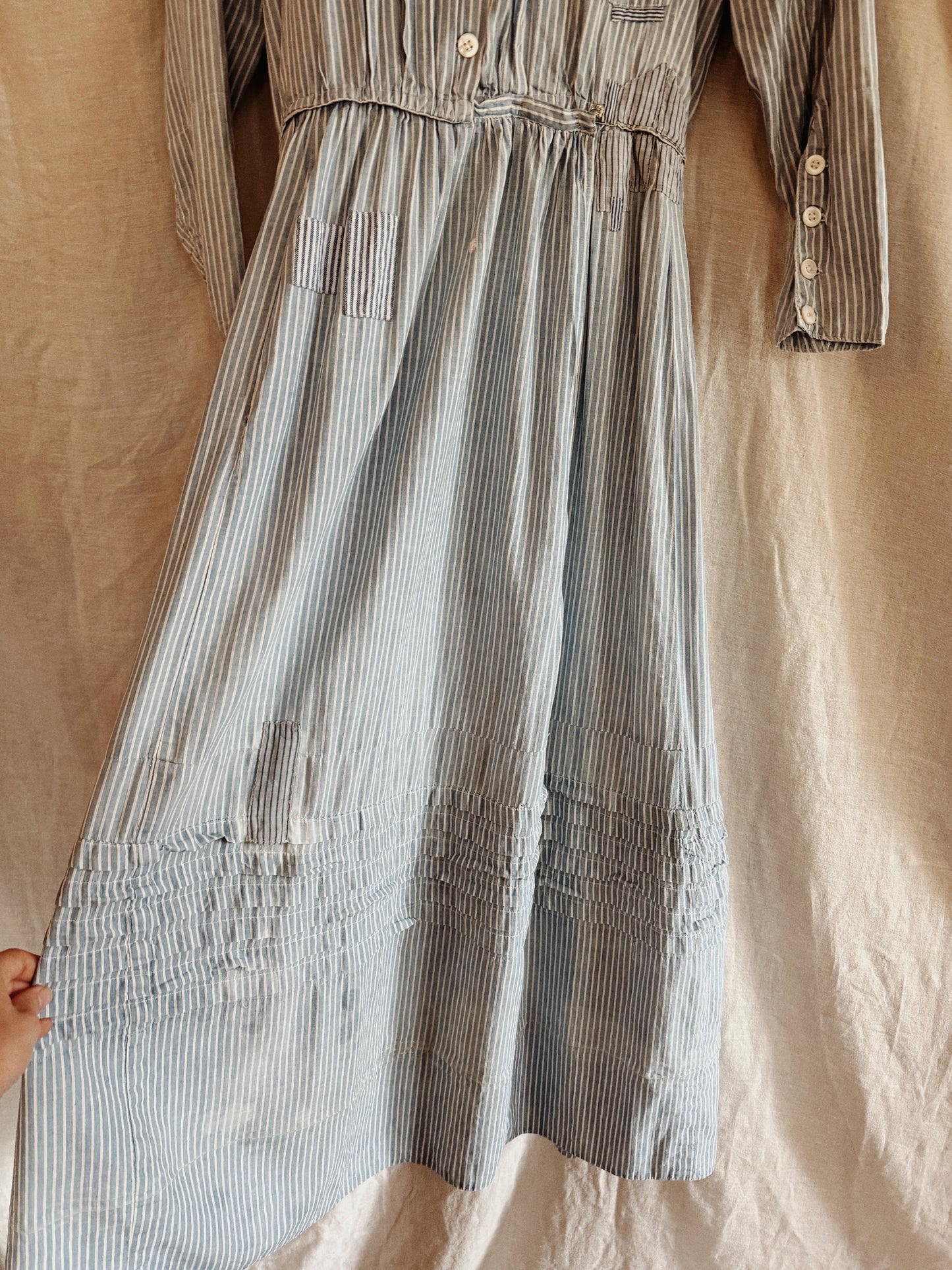 1800s Victorian Blue Striped Double Lined Wrapper Work Dress- S/M