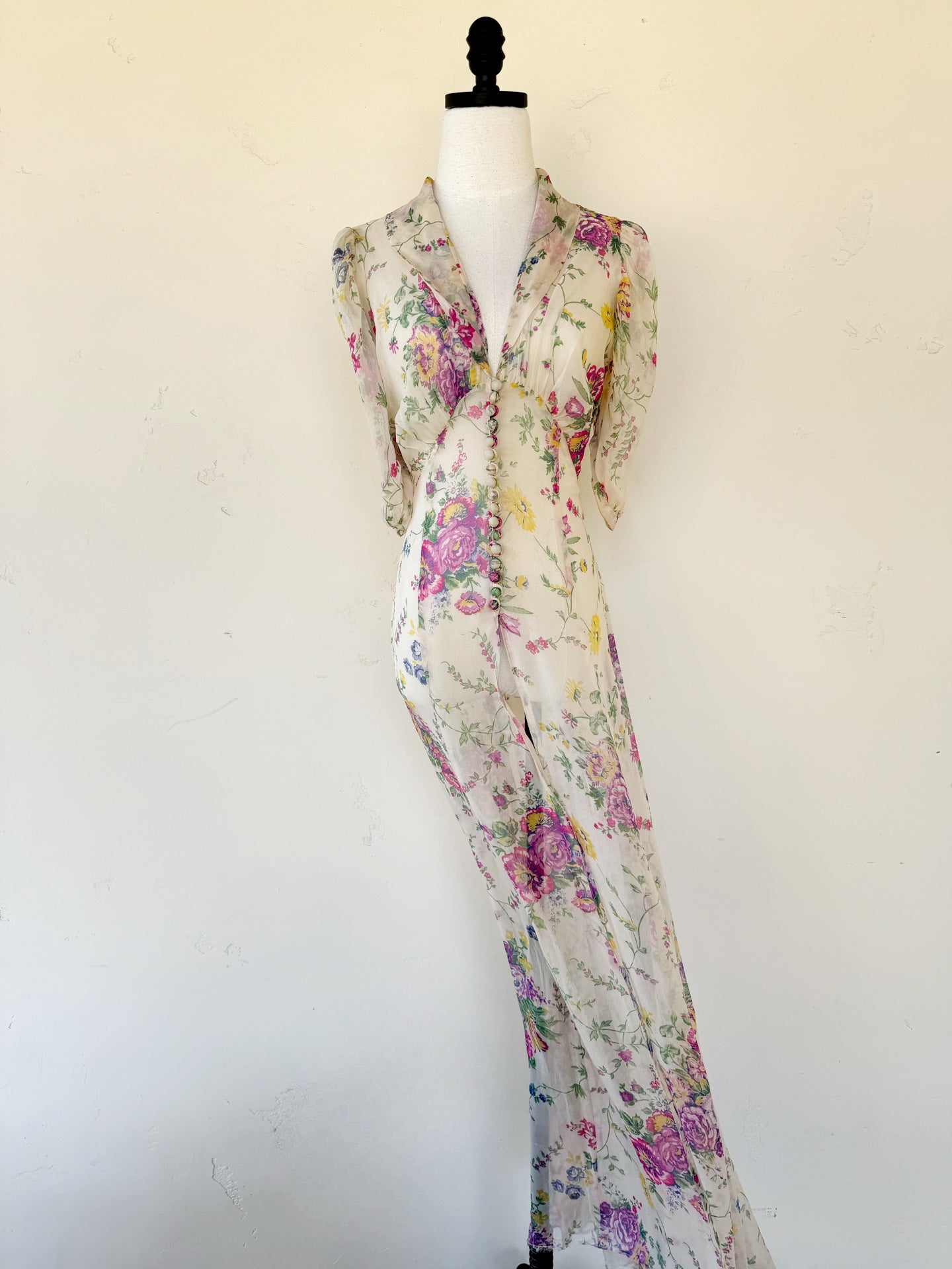 1930s Silk Chiffon Floral Dress w/ Puffed Shoulders- S