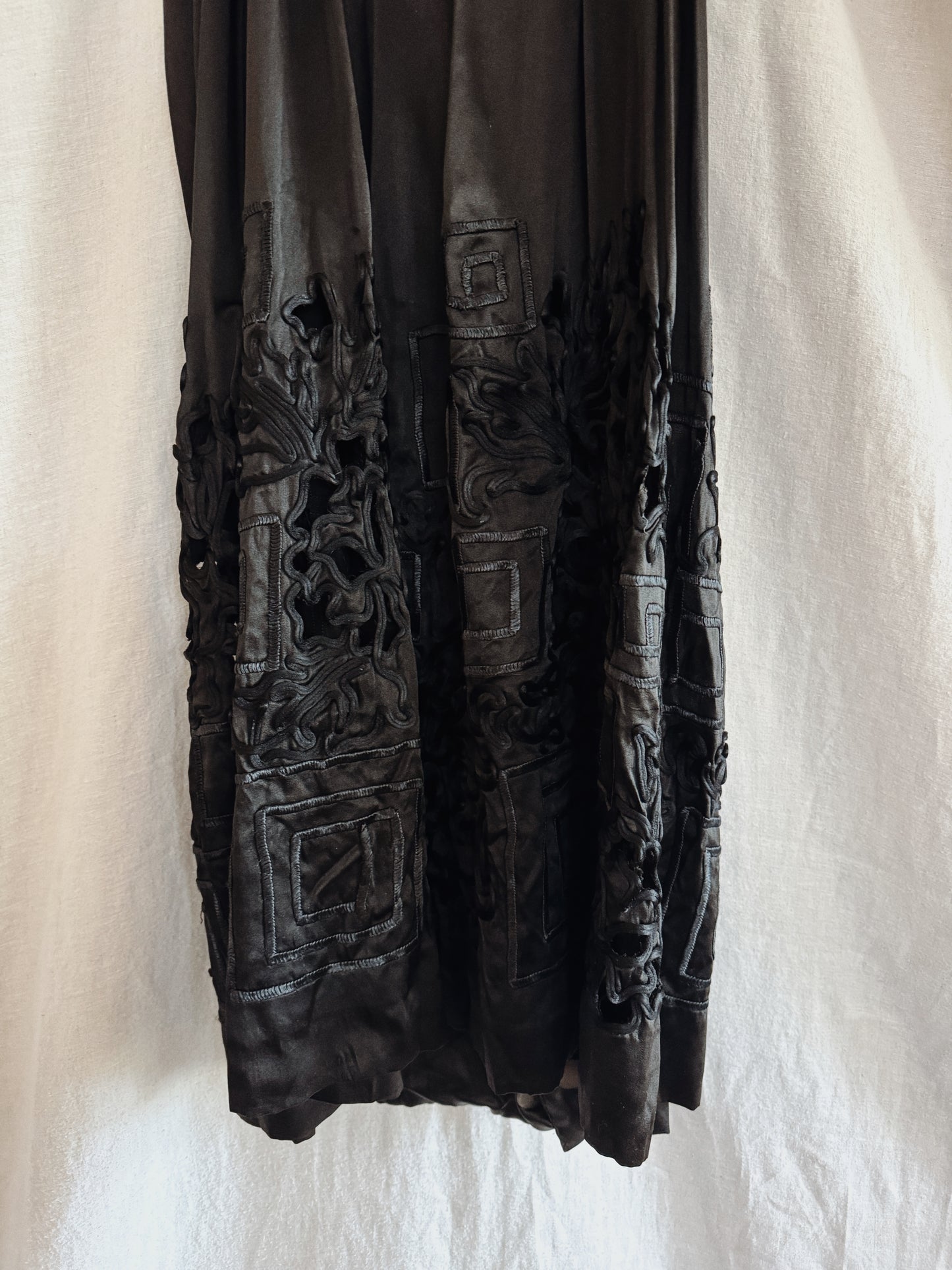 1920s Black Charmeuse Silk Cutout Babydoll Dress- S/M