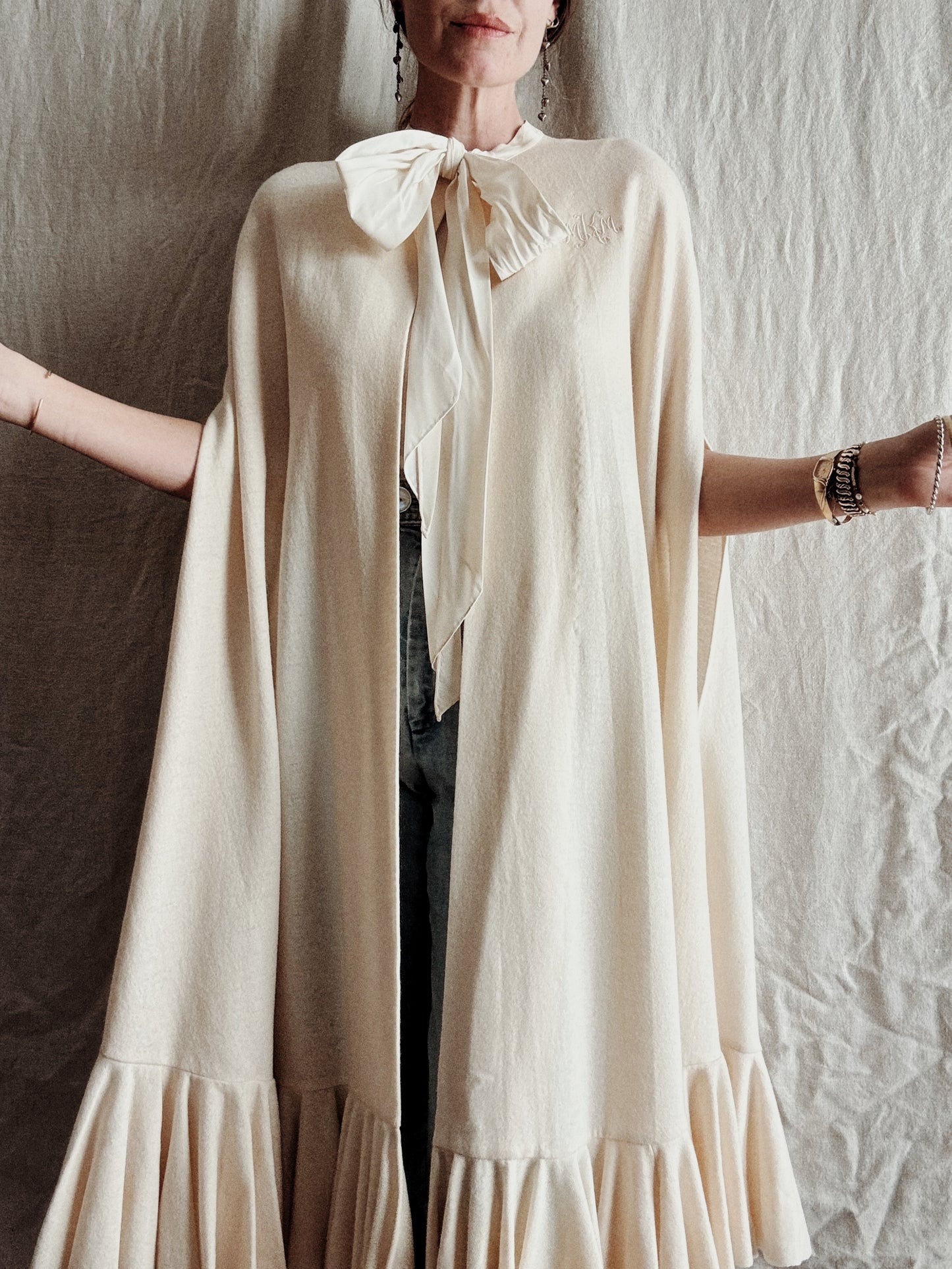 1950s White Monogrammed Ruffled Cape- S-M