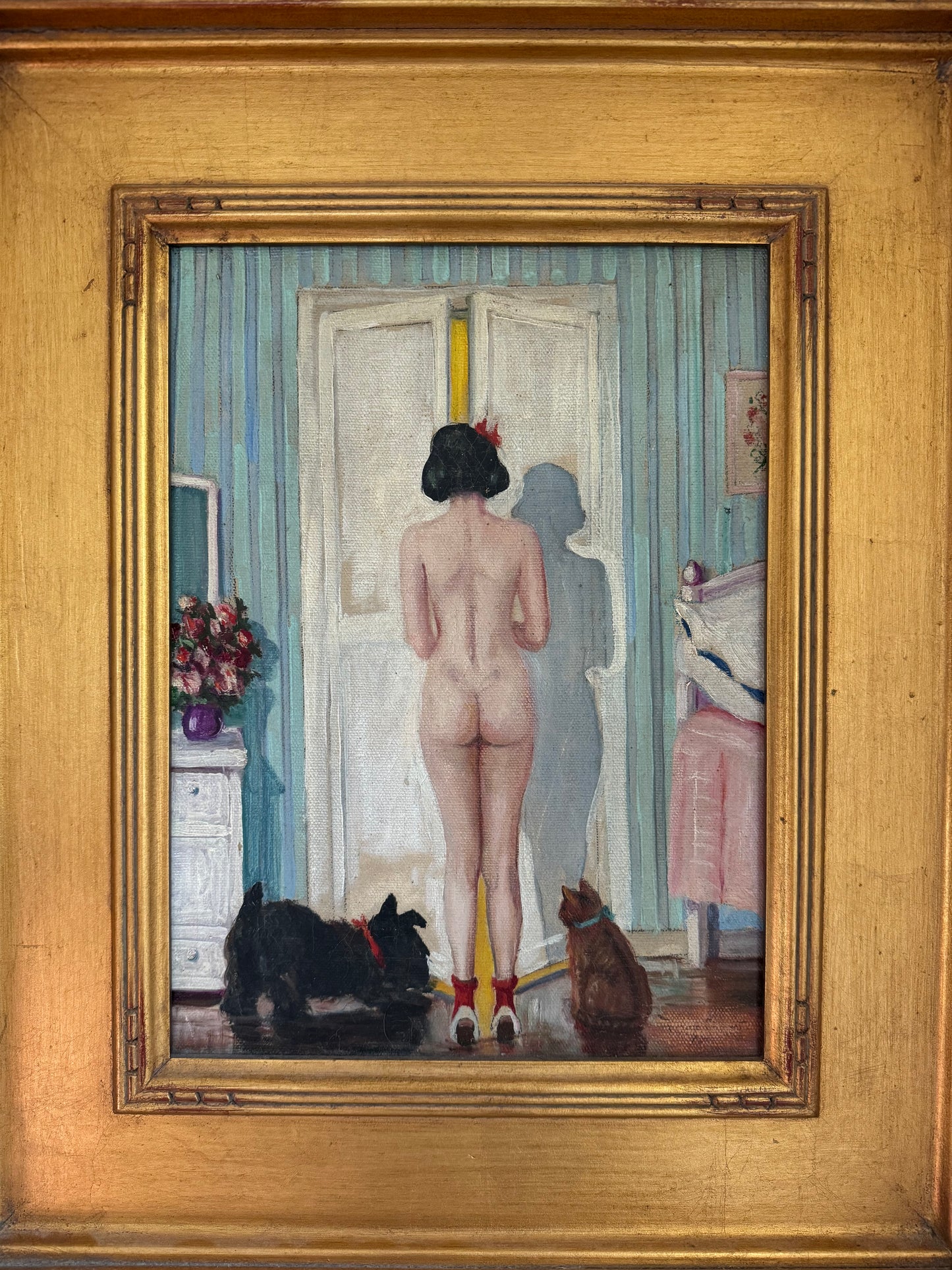 1920s Cheeky Nude w/ Scottie Dog + Kitten Oil Painting- 16 x 19”