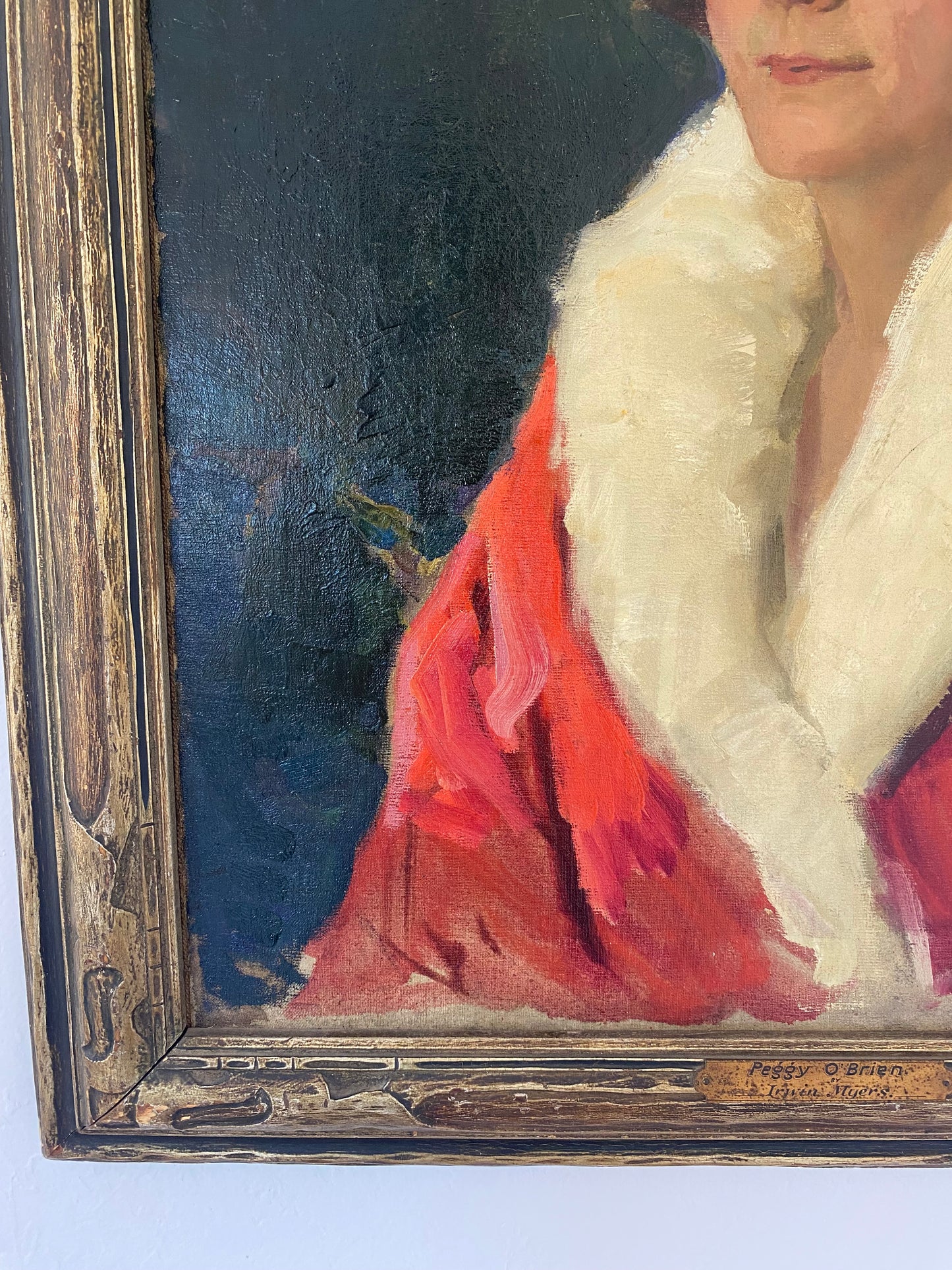 1920s Framed Portrait of A Women in a Coral Opera Coat by Irwin Myers- 25x29”