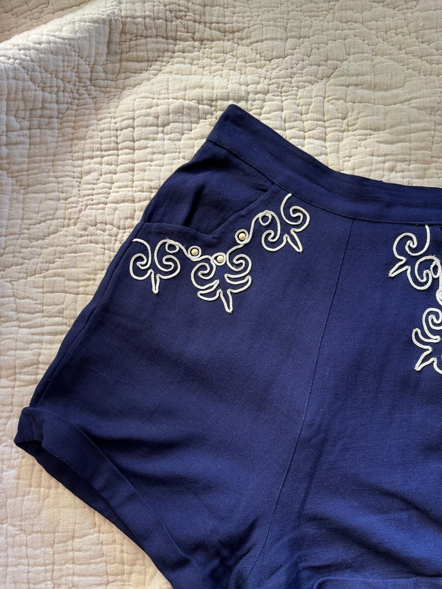 1940s/50s Navy Rayon Soutache + Stud High Waist Shorts- XS/S