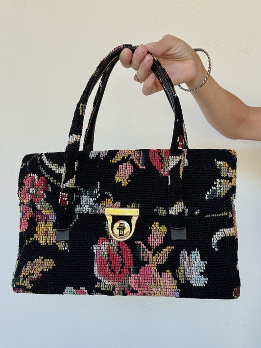 1950s/60s Large Black Floral Needlepoint Handbag