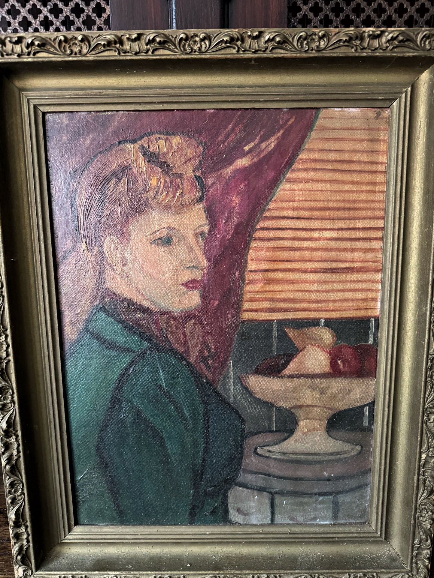 1940s Abstract Portrait of a Woman w/ Fruit in Gilt Frame- 16x19”