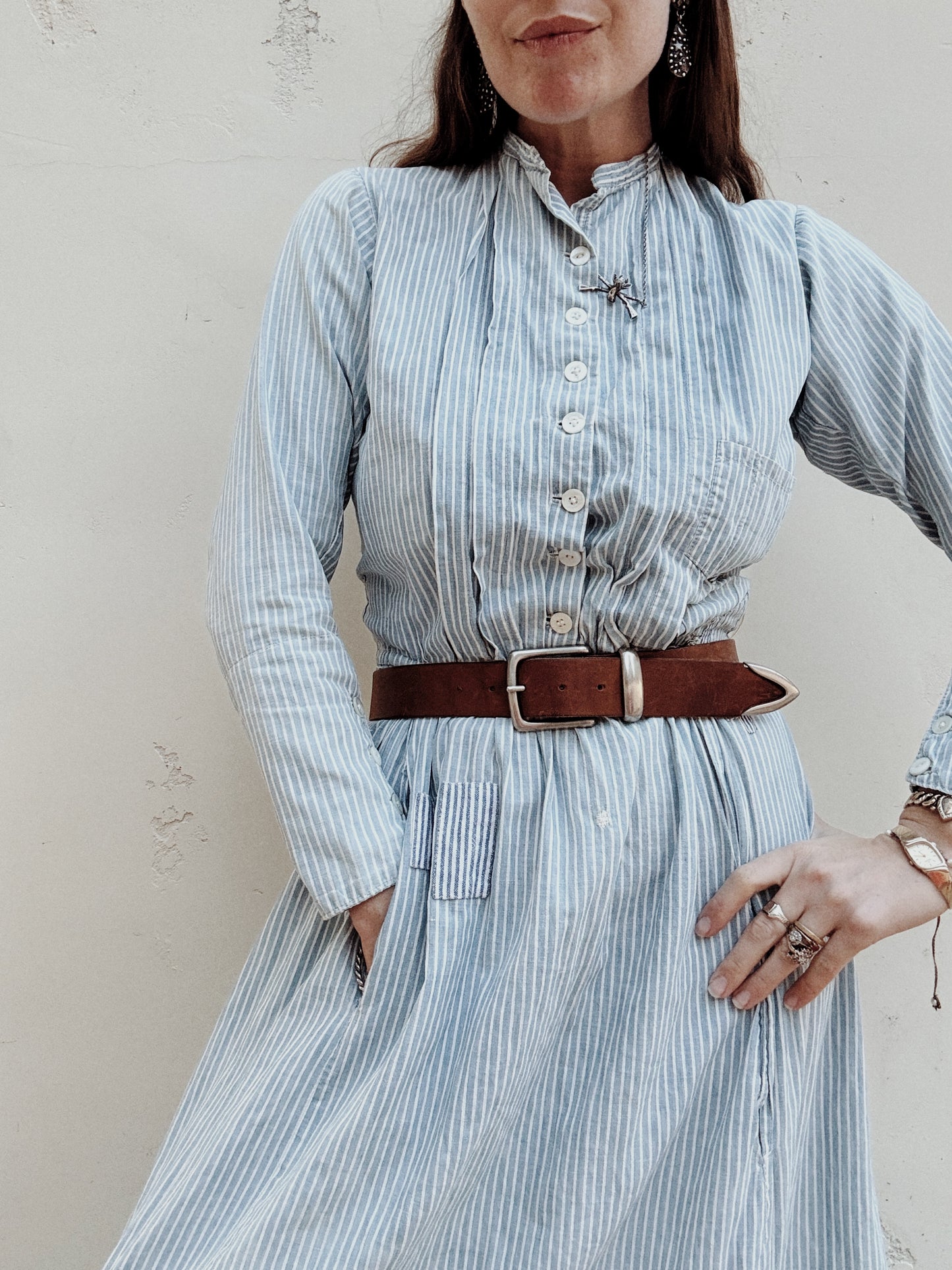 1800s Victorian Blue Striped Double Lined Wrapper Work Dress- S/M