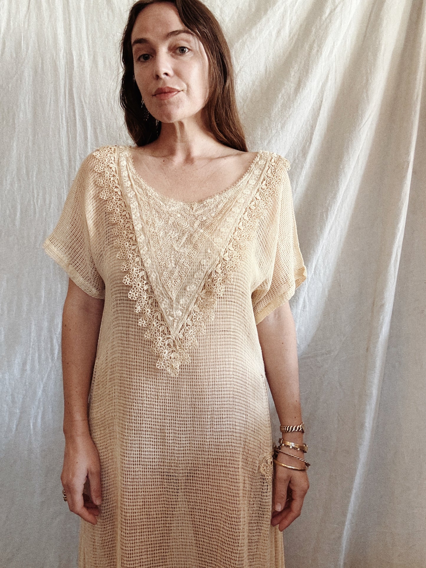 1920s Creme Fishnet Kaftan Dress w/ Lace