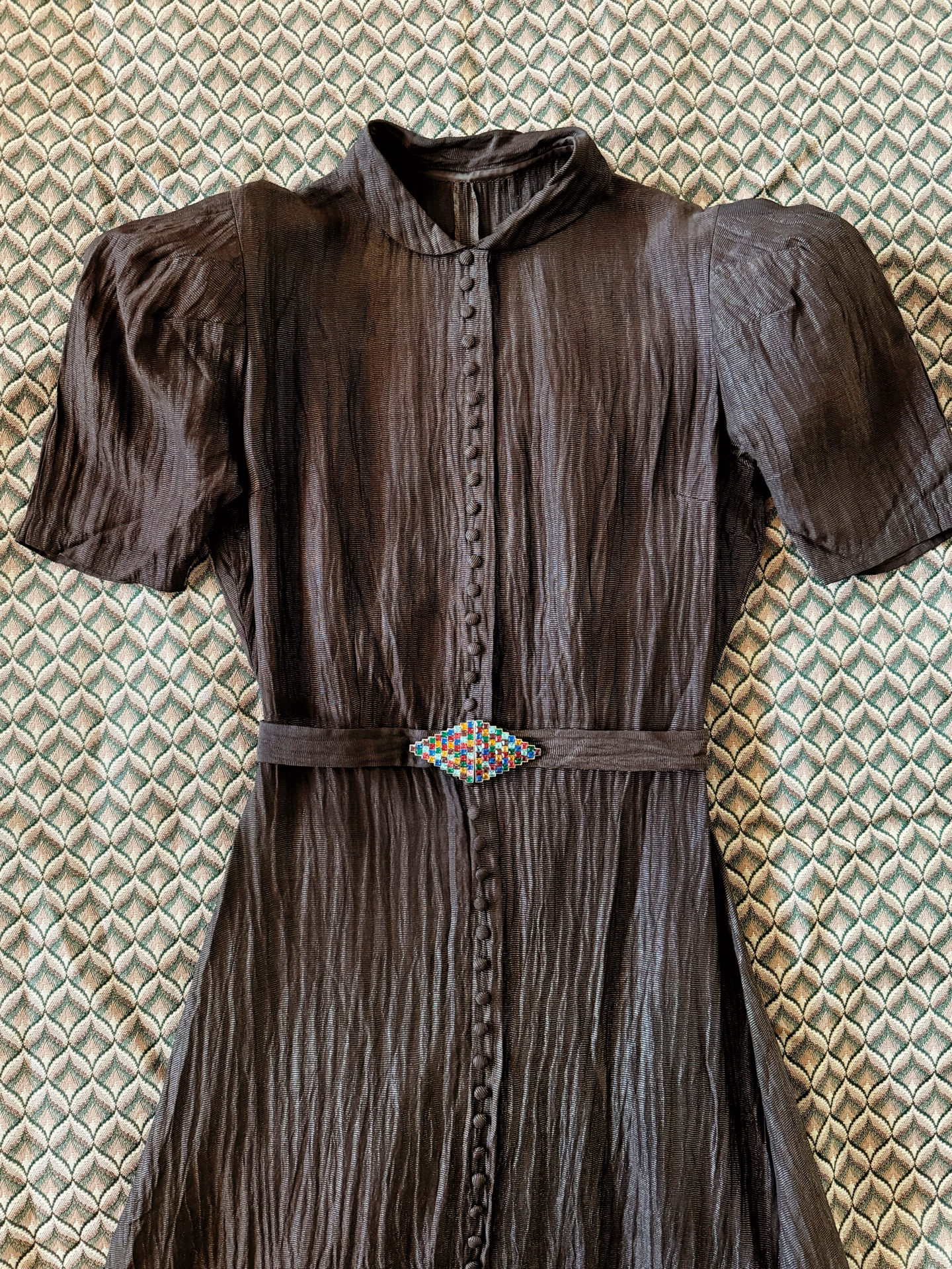 1930s Brown Lamé Dress w/ Rainbow Deco Paste Buckle- XS/S