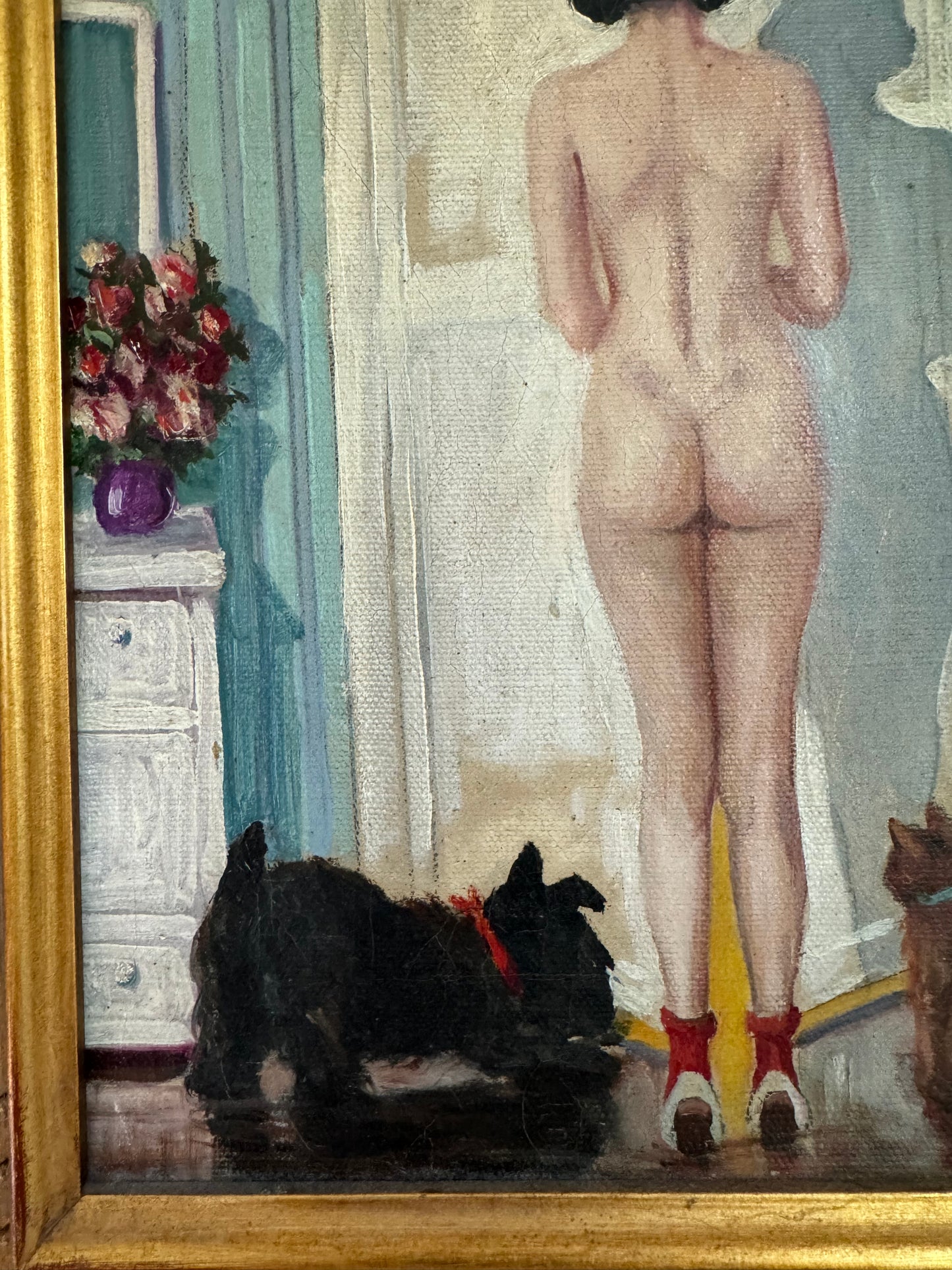 1920s Cheeky Nude w/ Scottie Dog + Kitten Oil Painting- 16 x 19”