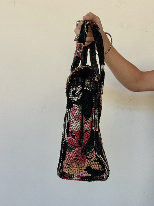 1950s/60s Large Black Floral Needlepoint Handbag