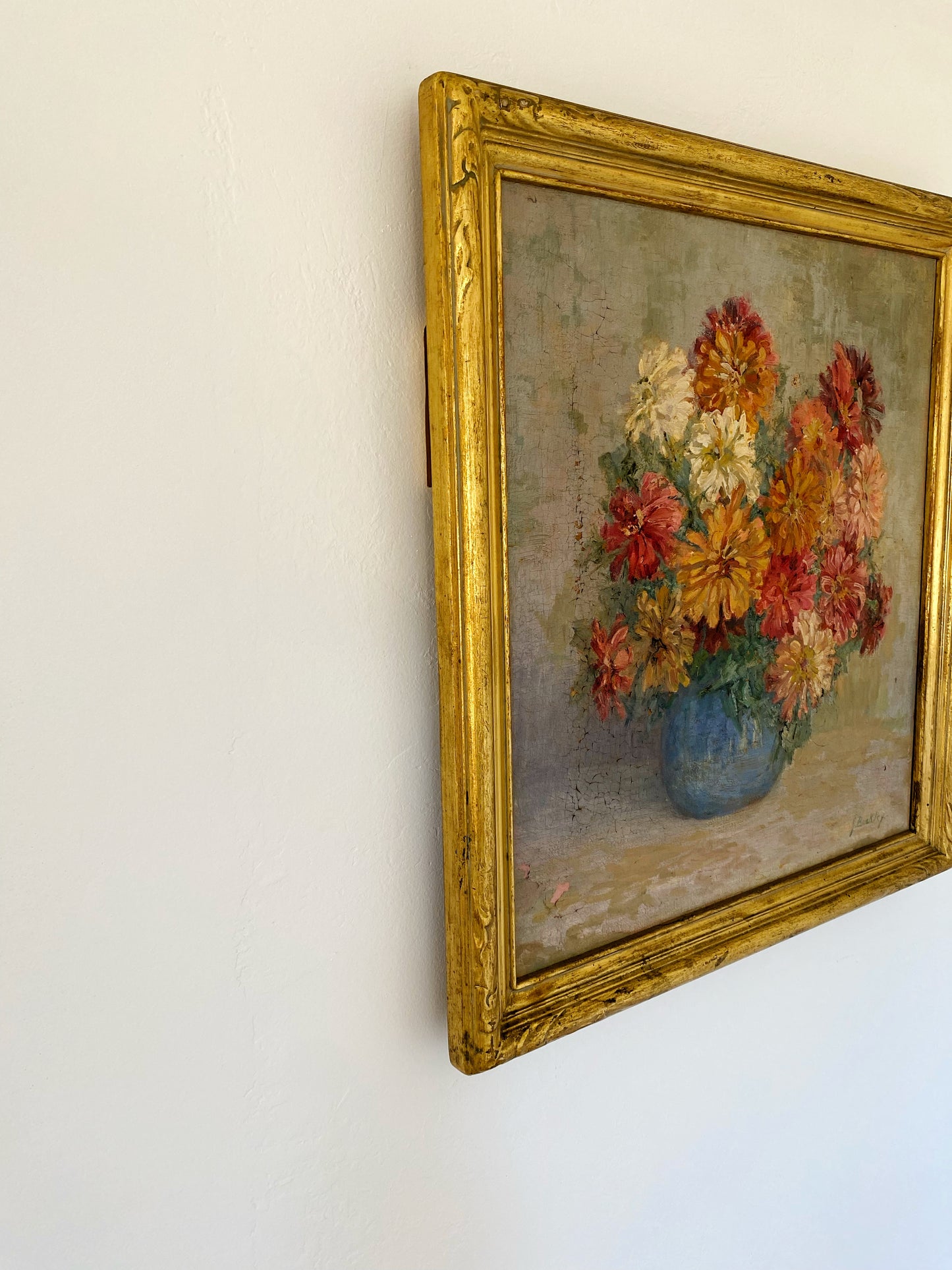 1930s Large Pink Floral Still Life of Zinnias in Gilt Frame- 23x25”