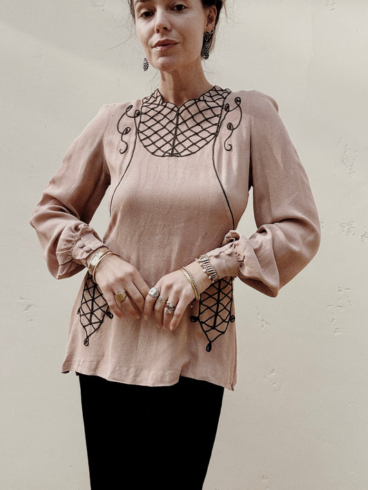 1940s Dusty Mauve Crepe Lattice Blouse w/ Lace Up Sides- S/M