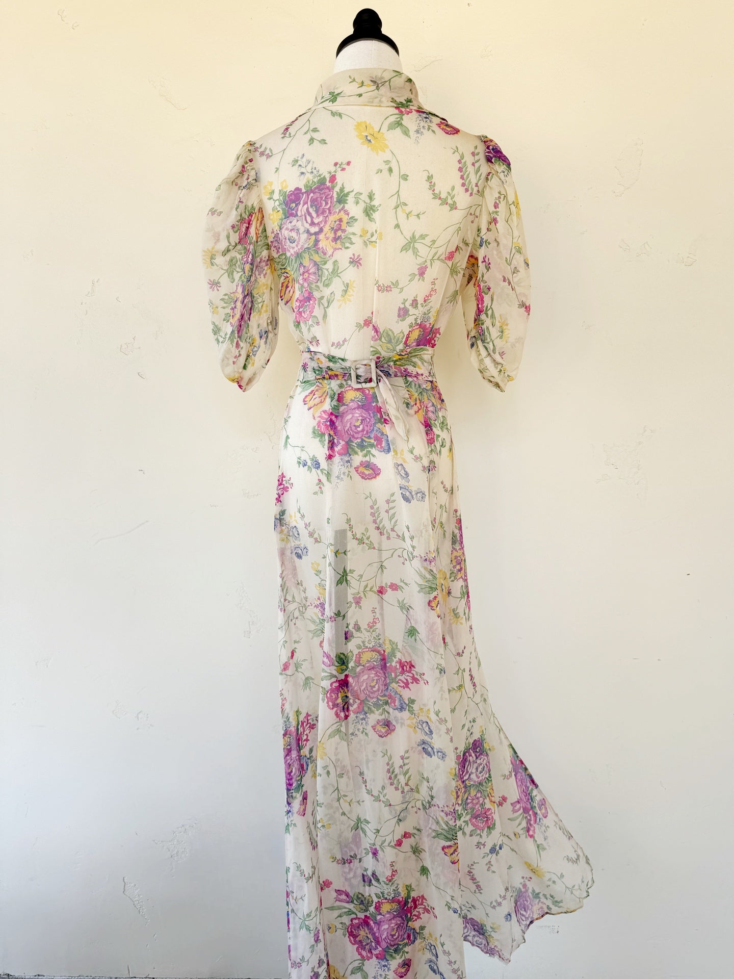 1930s Silk Chiffon Floral Dress w/ Puffed Shoulders- S